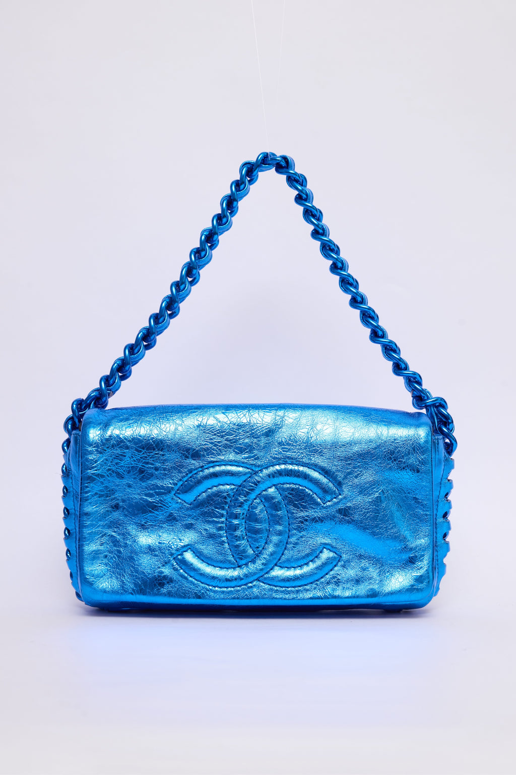 CHANEL METALLIC BLUE CHAIN POCHETTE