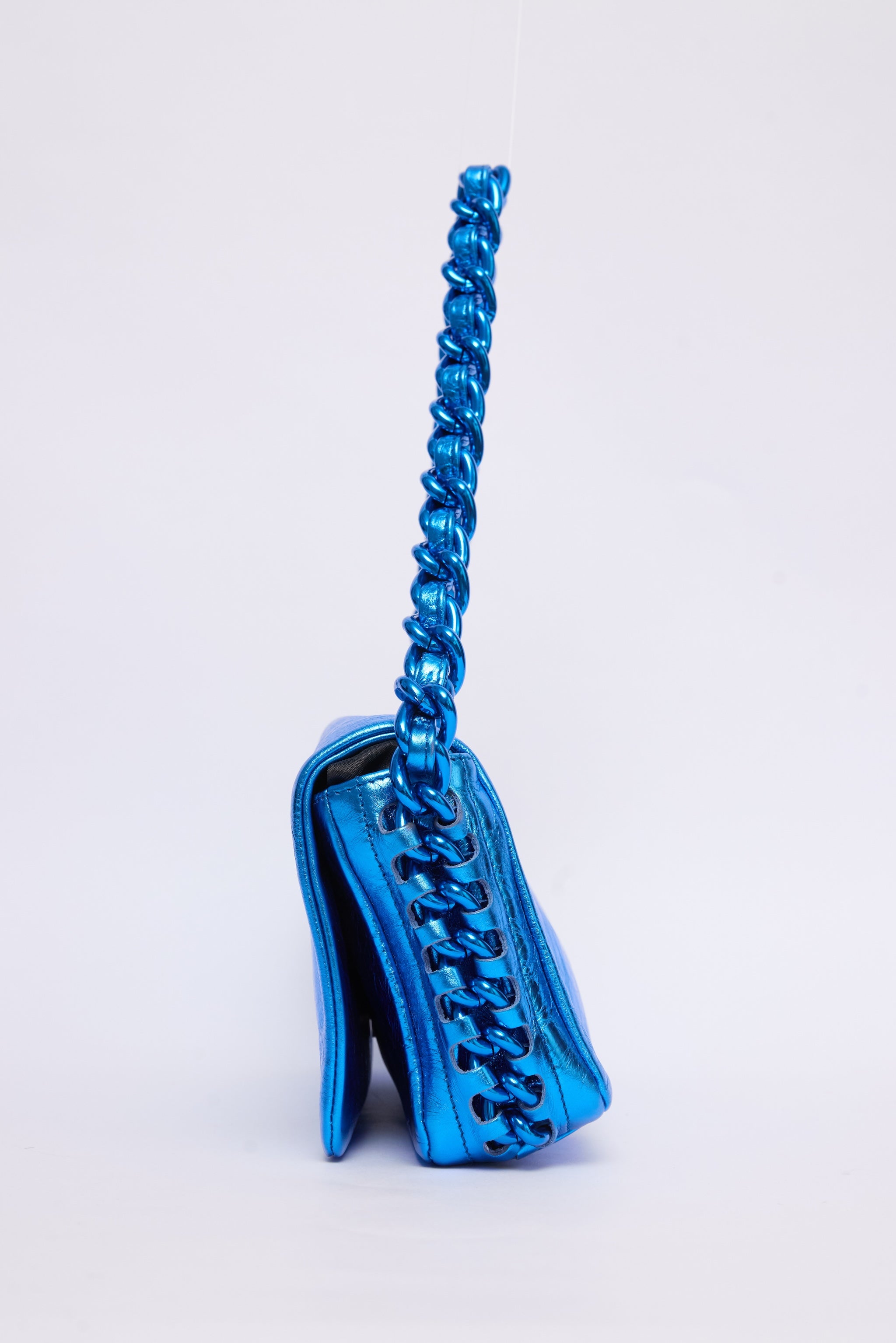 CHANEL METALLIC BLUE CHAIN POCHETTE