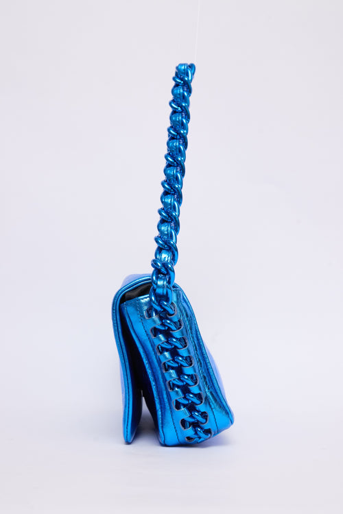 CHANEL METALLIC BLUE CHAIN POCHETTE