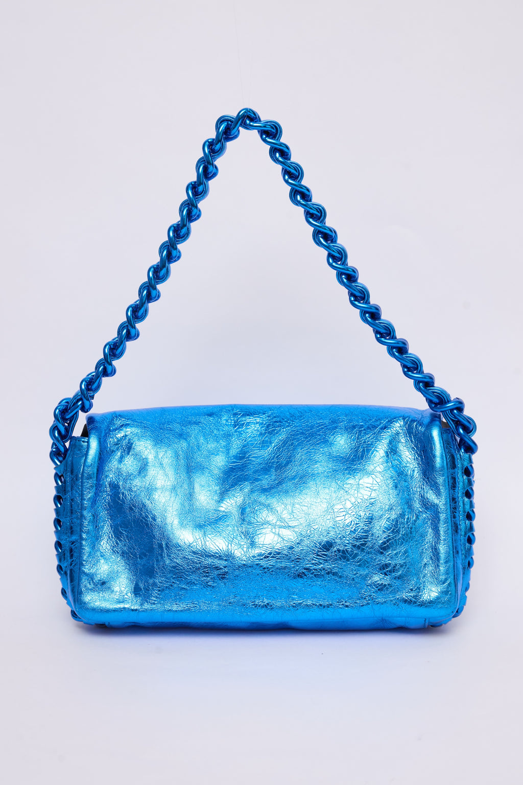 CHANEL METALLIC BLUE CHAIN POCHETTE