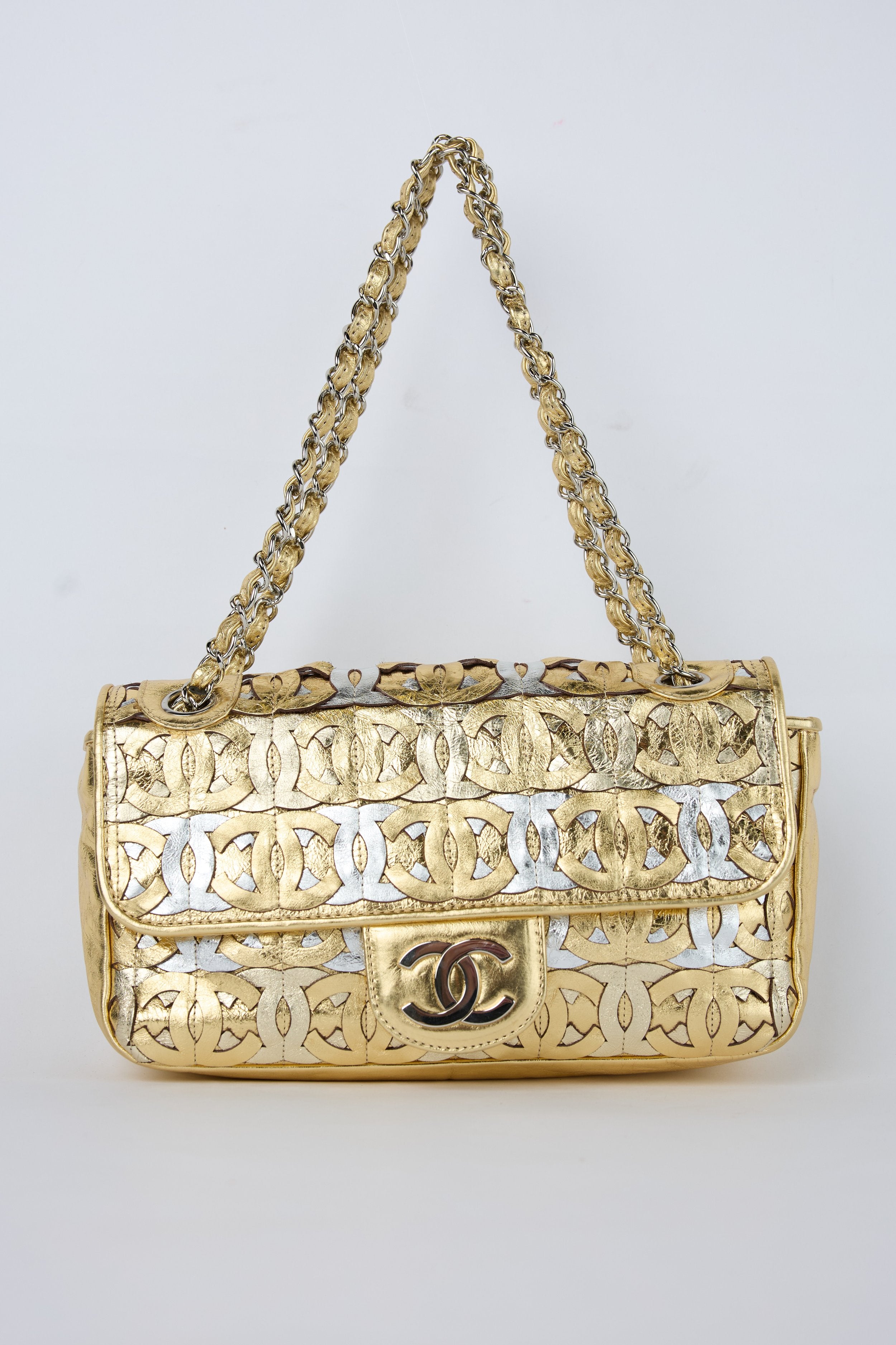 CHANEL CC CUTOUT GOLD METALLIC FLAP