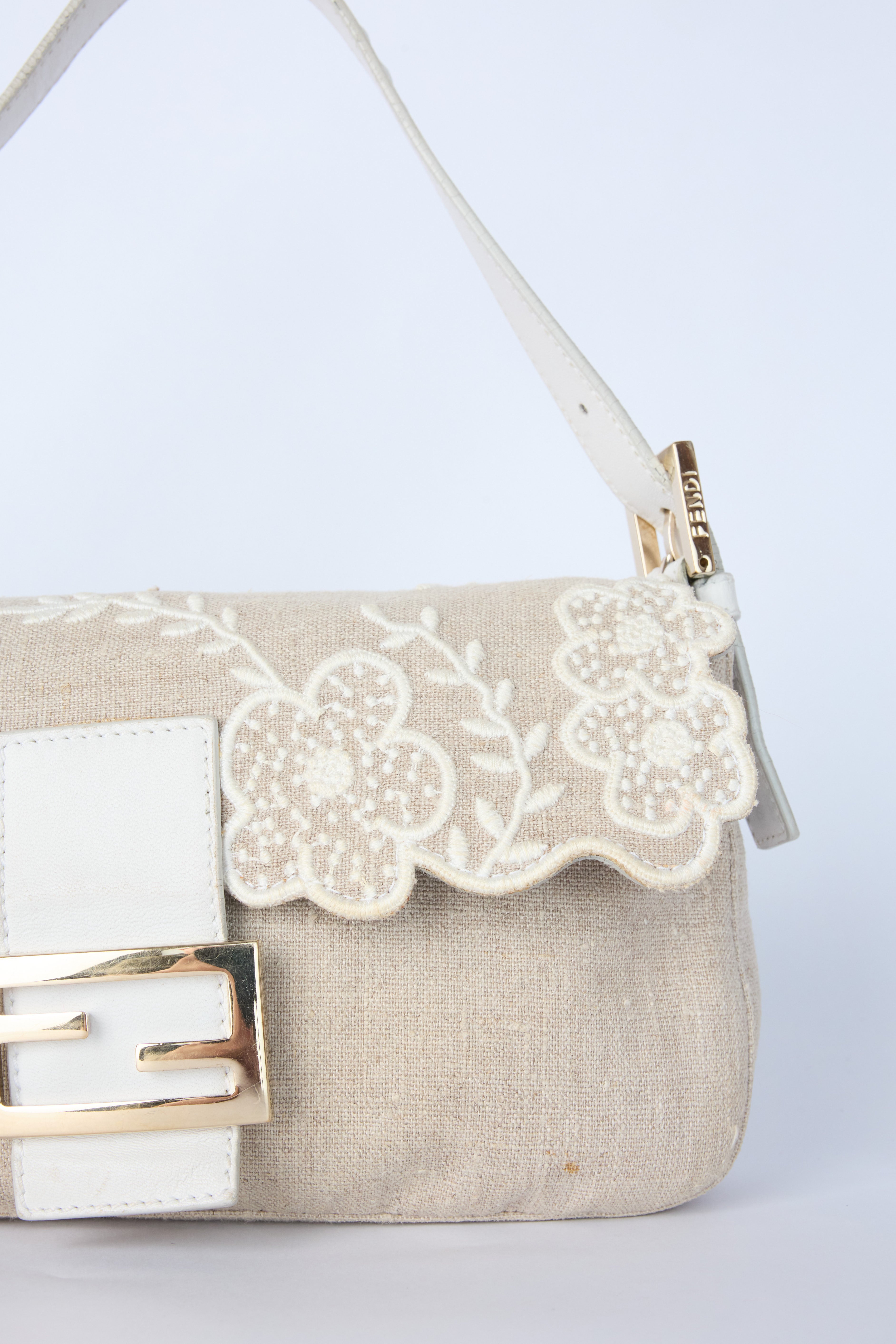 FENDI LINEN FLORAL EMBROIDERED BAGUETTE