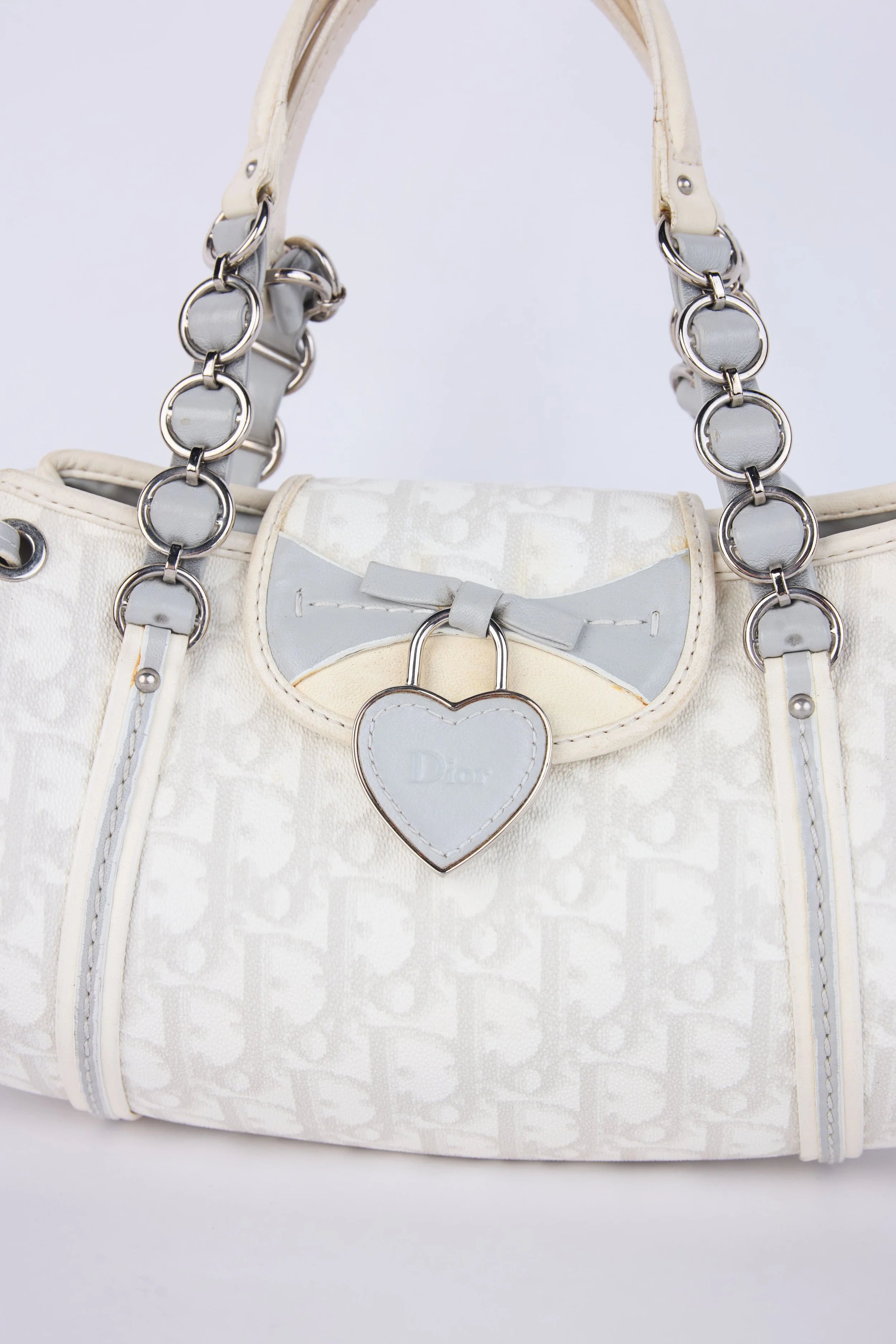DIOR GREY OBLIQUE CANVAS SMALL  ROMANTIQUE HEARTLOCK FLAP  SHOULDER BAG