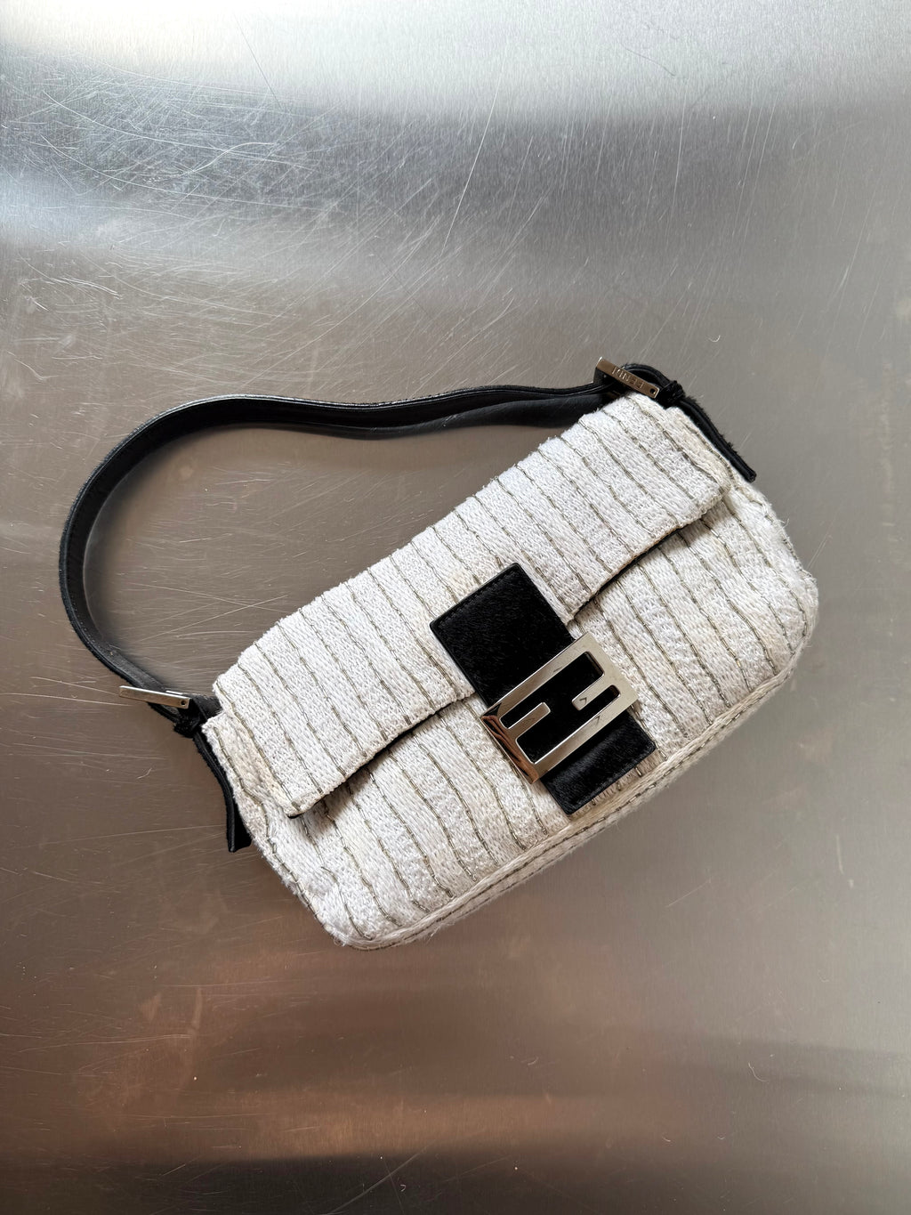FENDI WHITE EMBELLISHED KNIT & PONYHAIR BAGUETTE