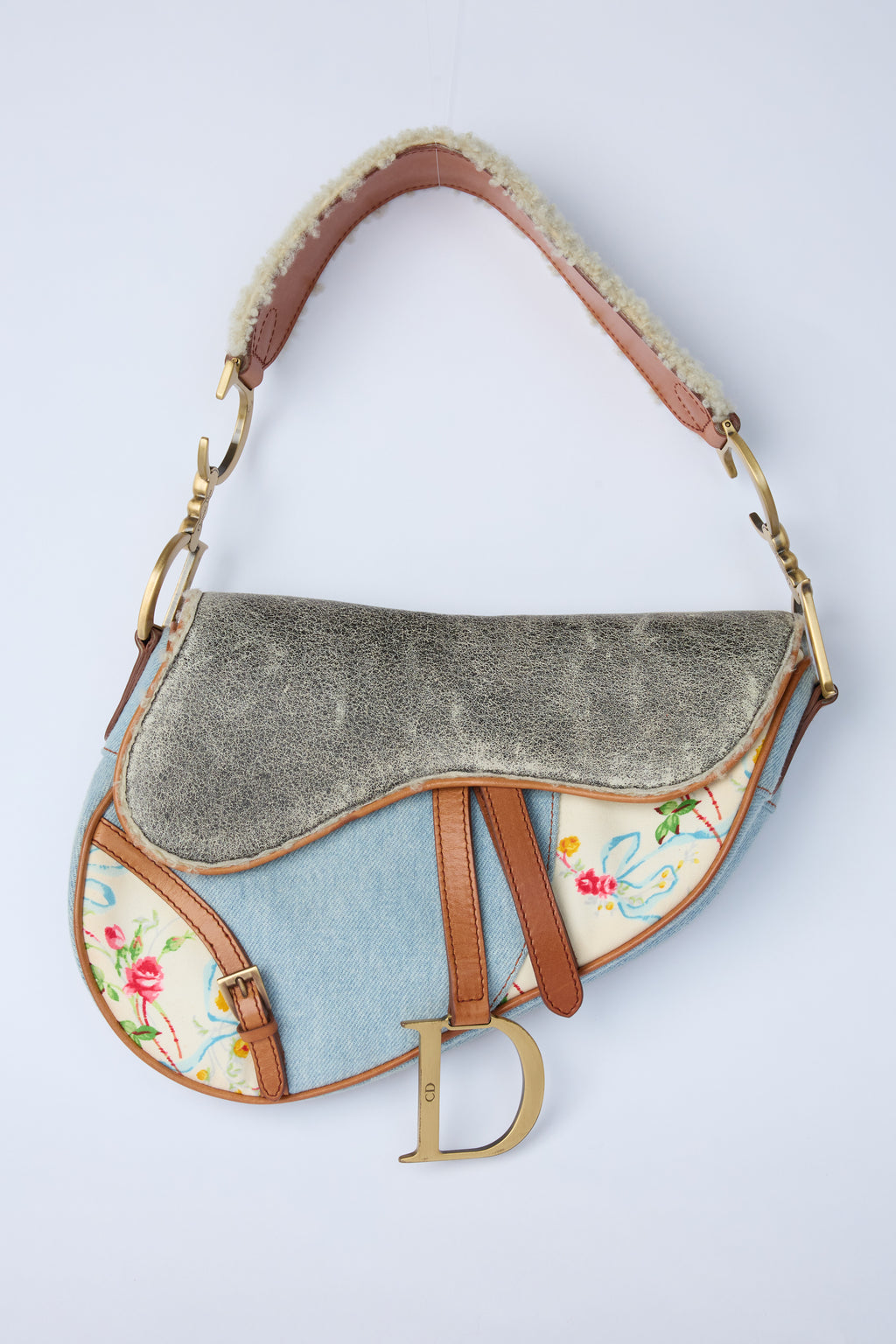 DIOR DENIM PATCHWORK SHEARLING SADDLE