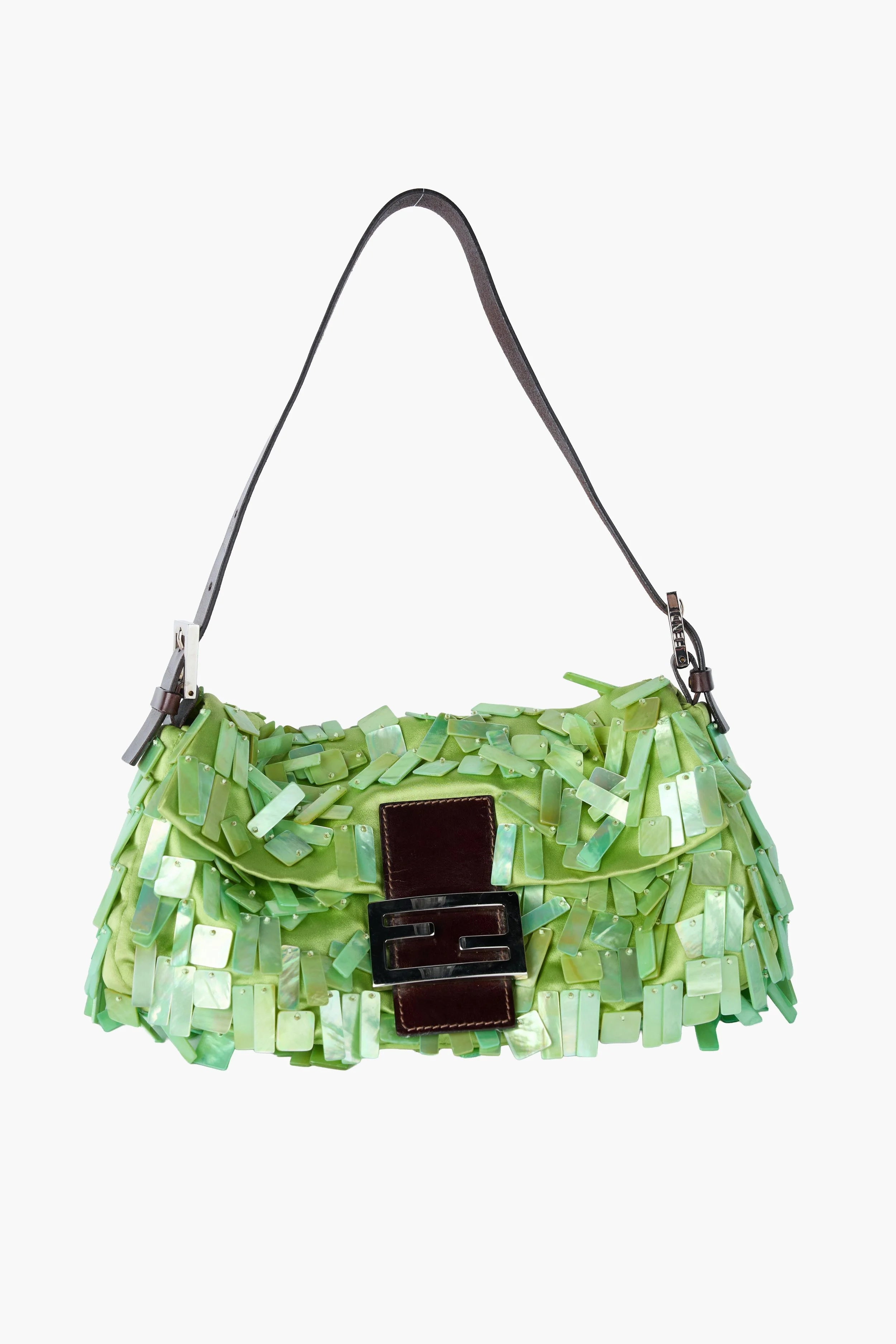 Fendi Rare Green Satin and Mother of Pearl Shell Baguette
