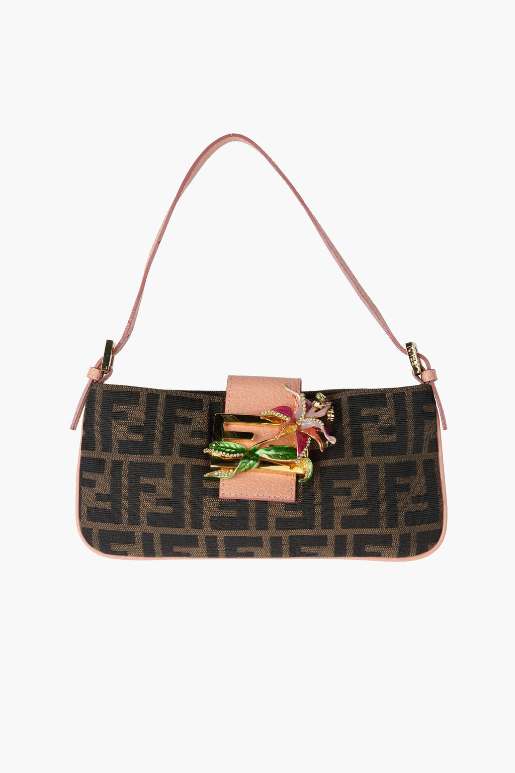 Fendi Enamel Salmon Zucca Canvas Baguette Pochette