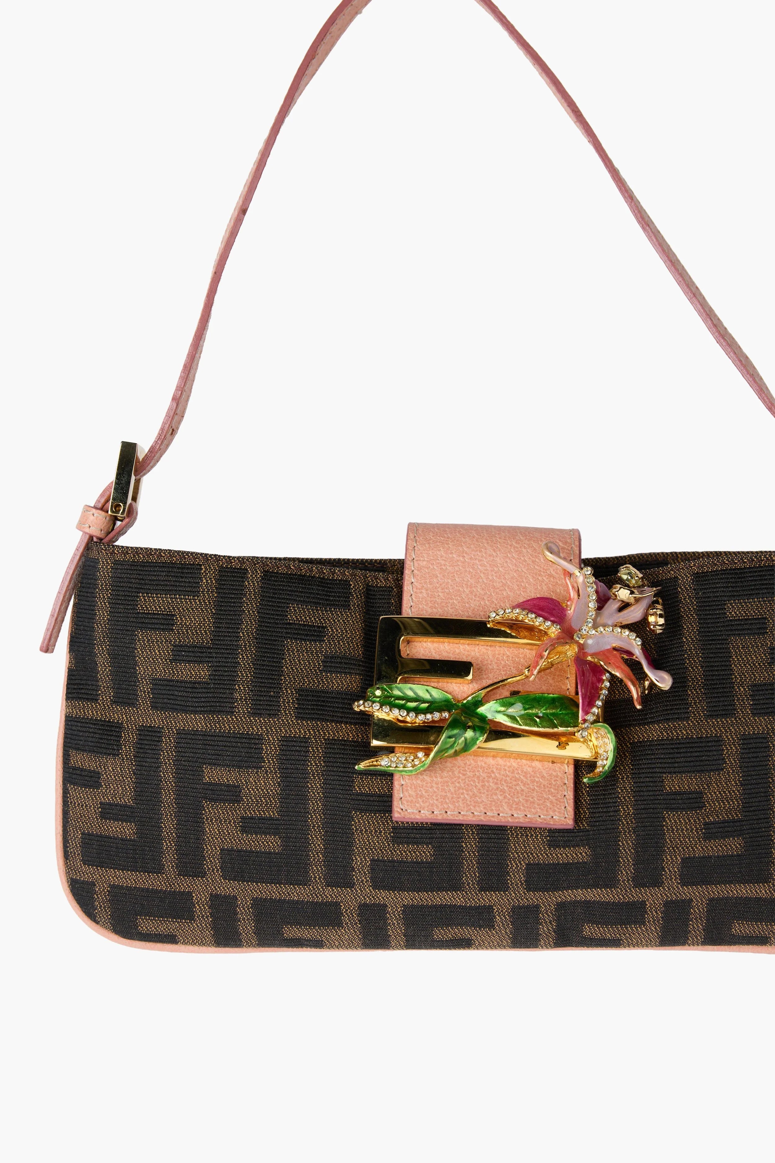 Fendi Enamel Salmon Zucca Canvas Baguette Pochette