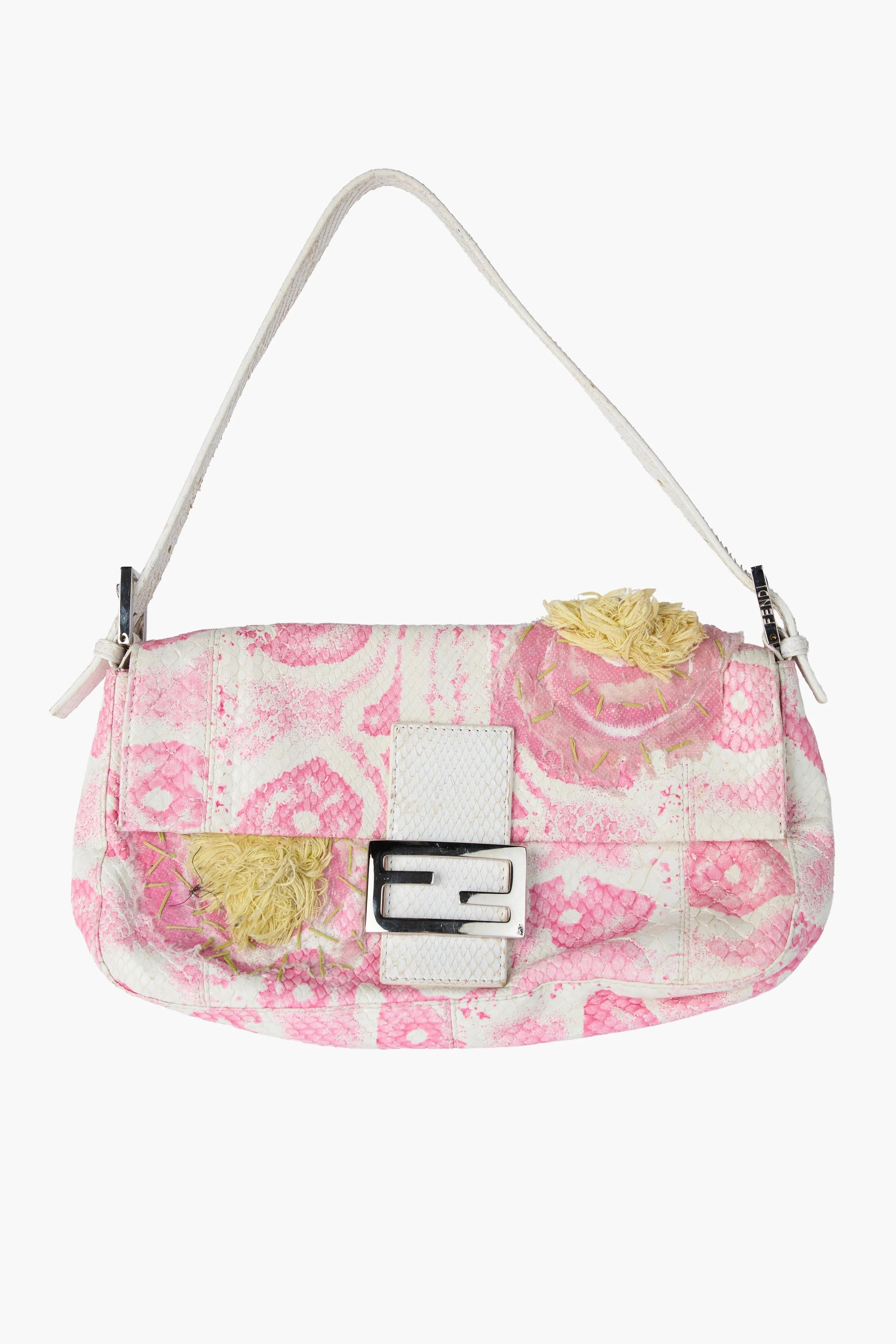 FENDI PINK & WHITE PYTHON FLORAL BAGUETTE