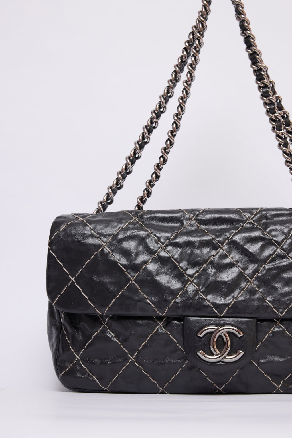 CHANEL BLACK GLAZED DOUBLE STITCH FLAP