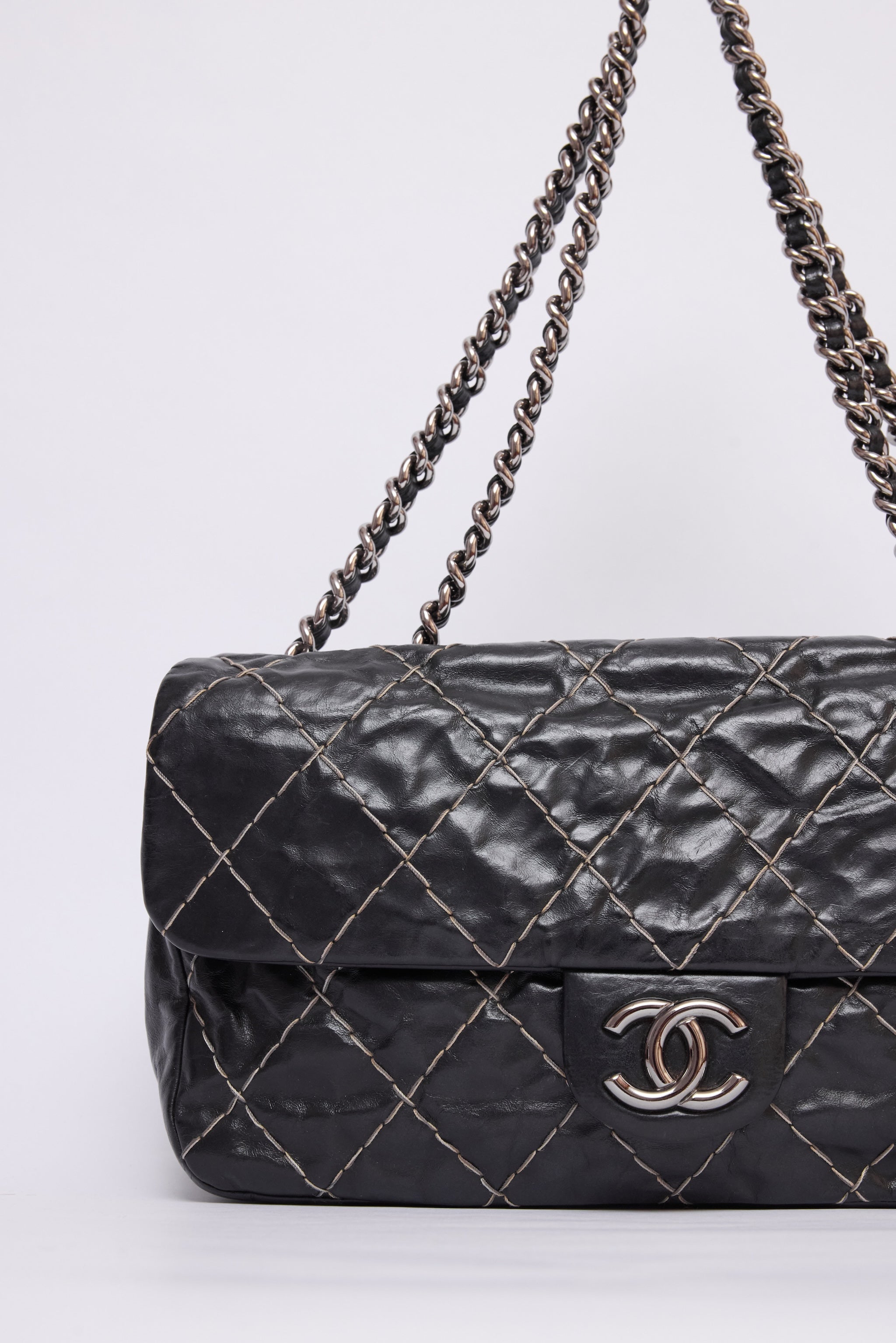 CHANEL BLACK GLAZED DOUBLE STITCH FLAP