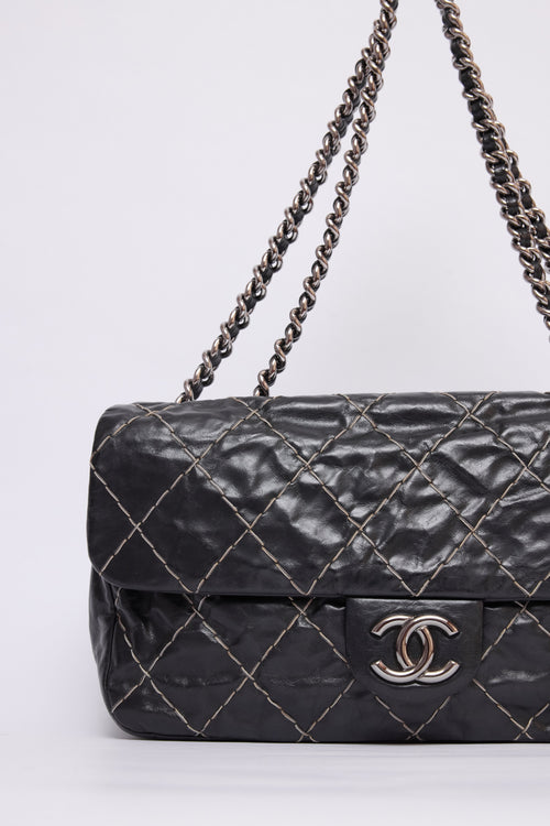 CHANEL BLACK GLAZED DOUBLE STITCH FLAP