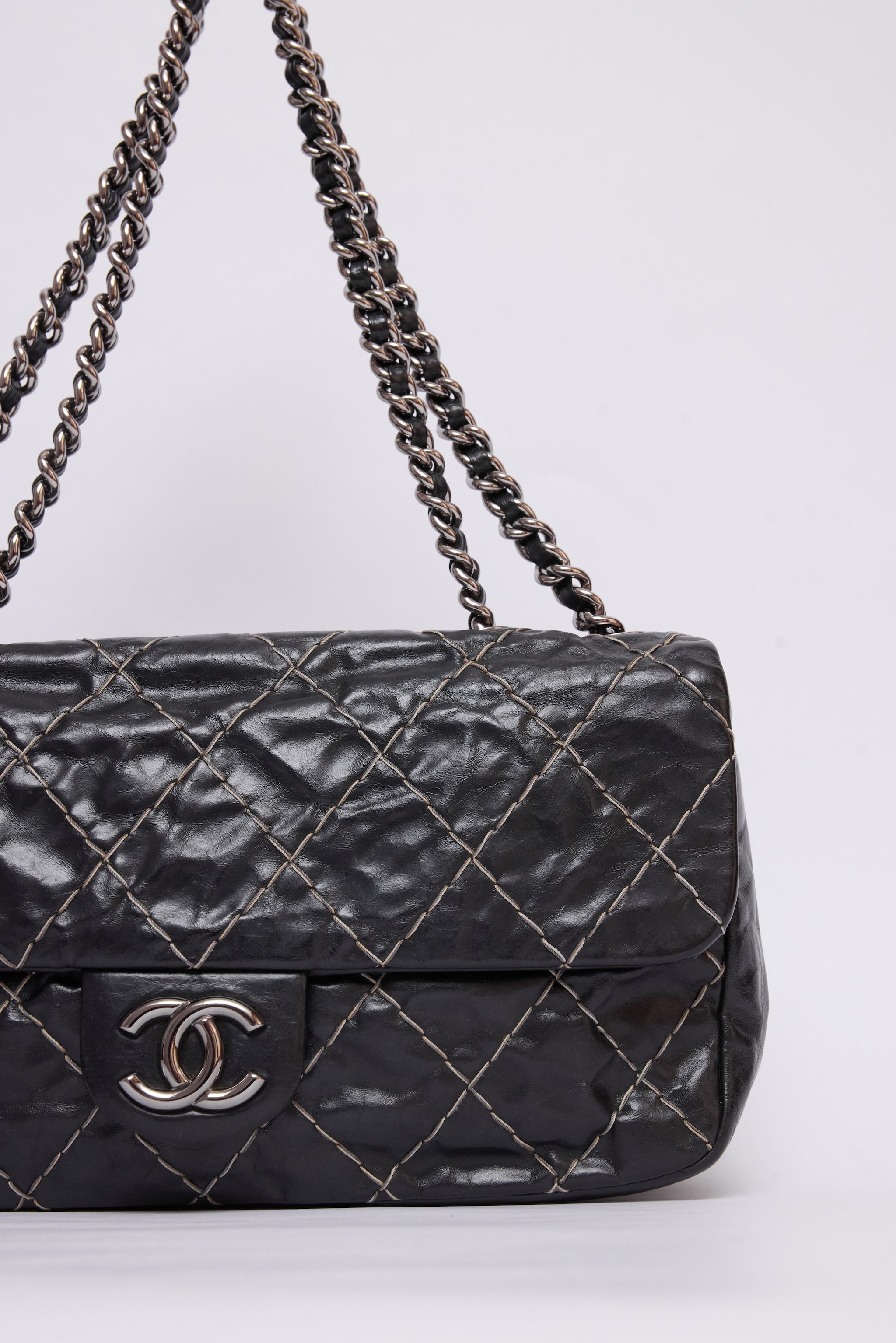 CHANEL BLACK GLAZED DOUBLE STITCH FLAP