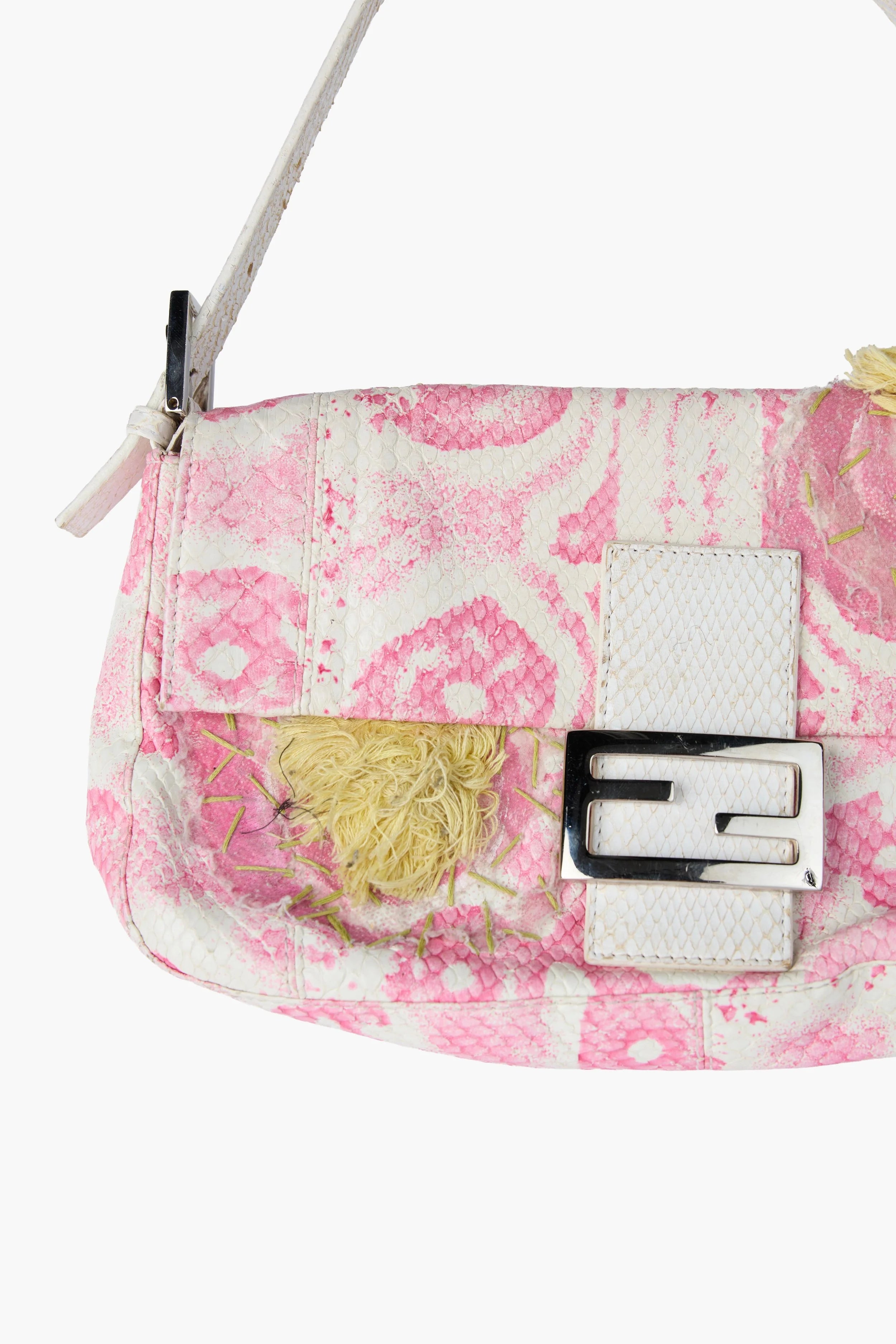 FENDI PINK & WHITE PYTHON FLORAL BAGUETTE