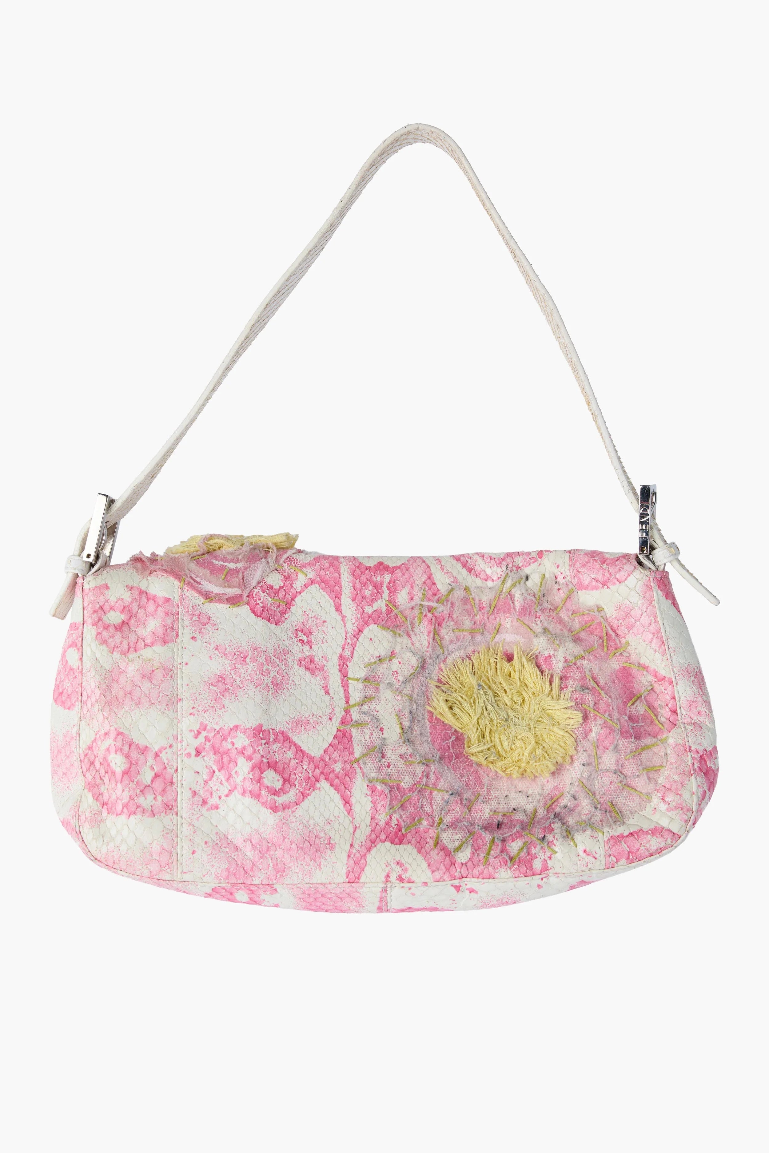 FENDI PINK & WHITE PYTHON FLORAL BAGUETTE