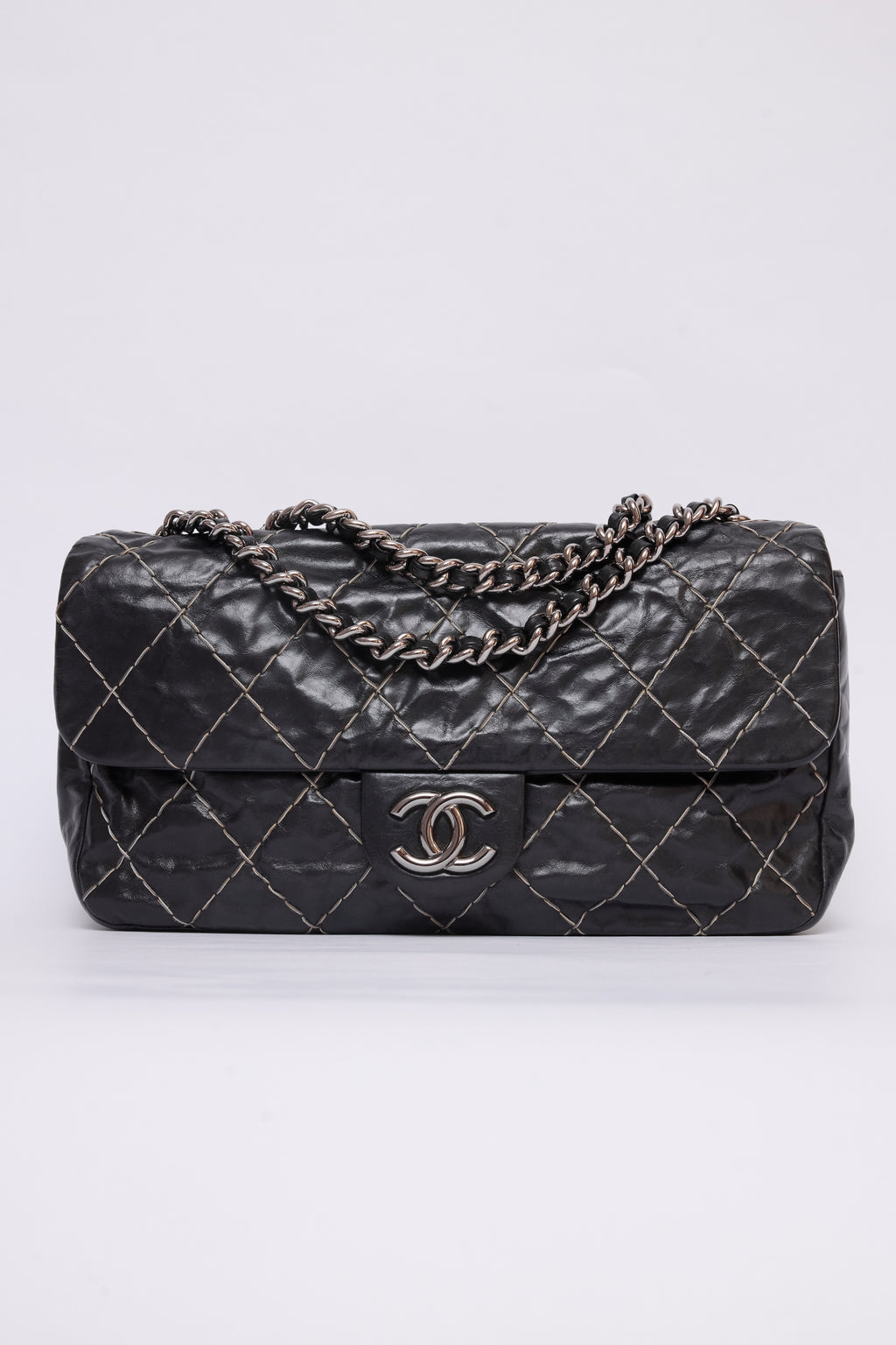 CHANEL BLACK GLAZED DOUBLE STITCH FLAP