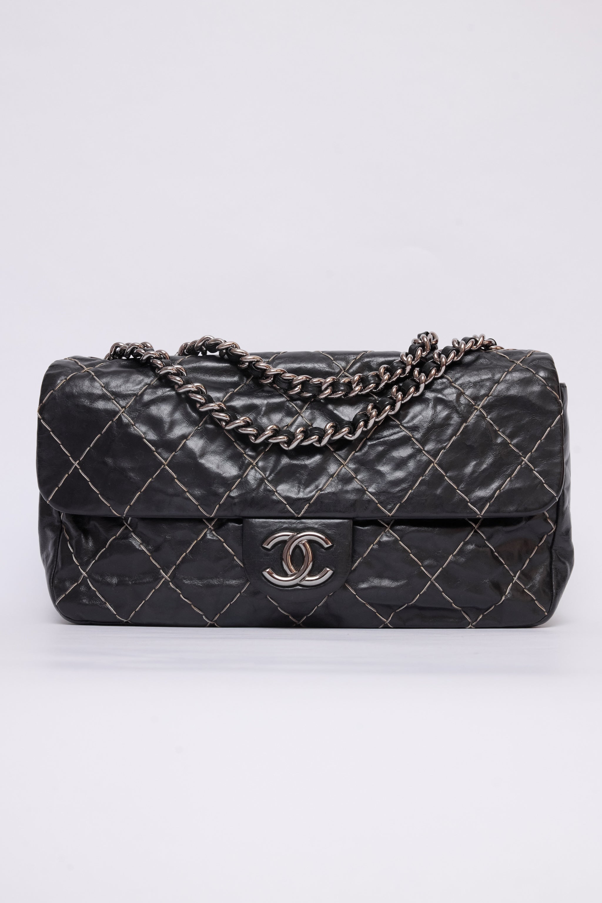 CHANEL BLACK GLAZED DOUBLE STITCH FLAP