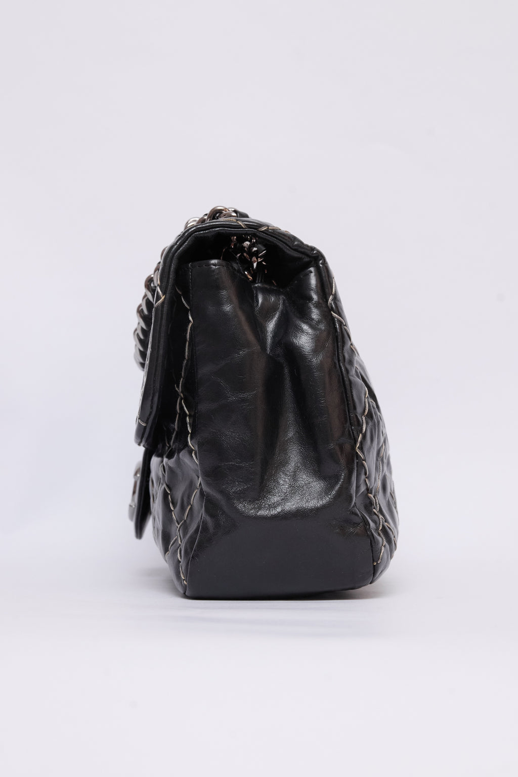 CHANEL BLACK GLAZED DOUBLE STITCH FLAP