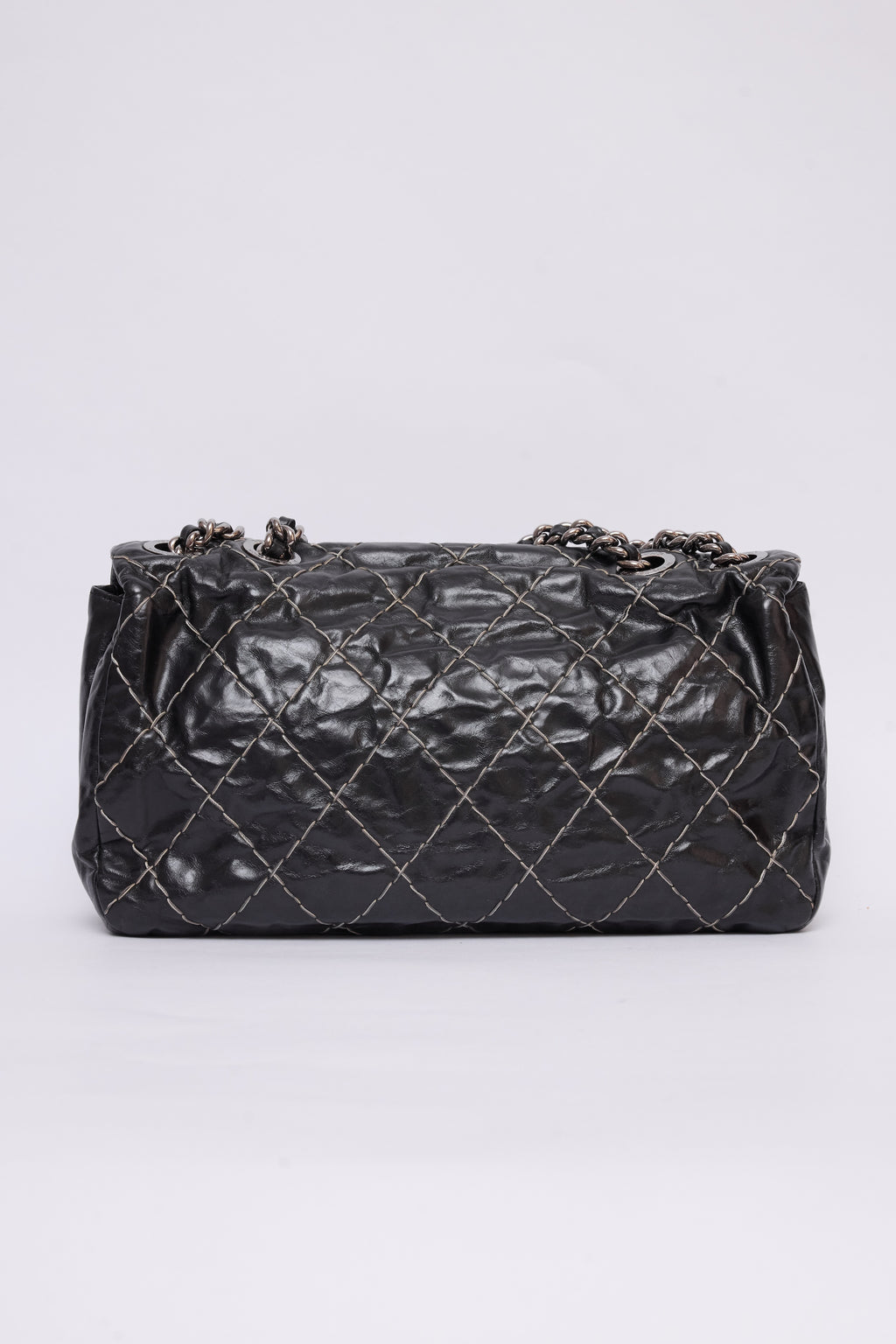 CHANEL BLACK GLAZED DOUBLE STITCH FLAP