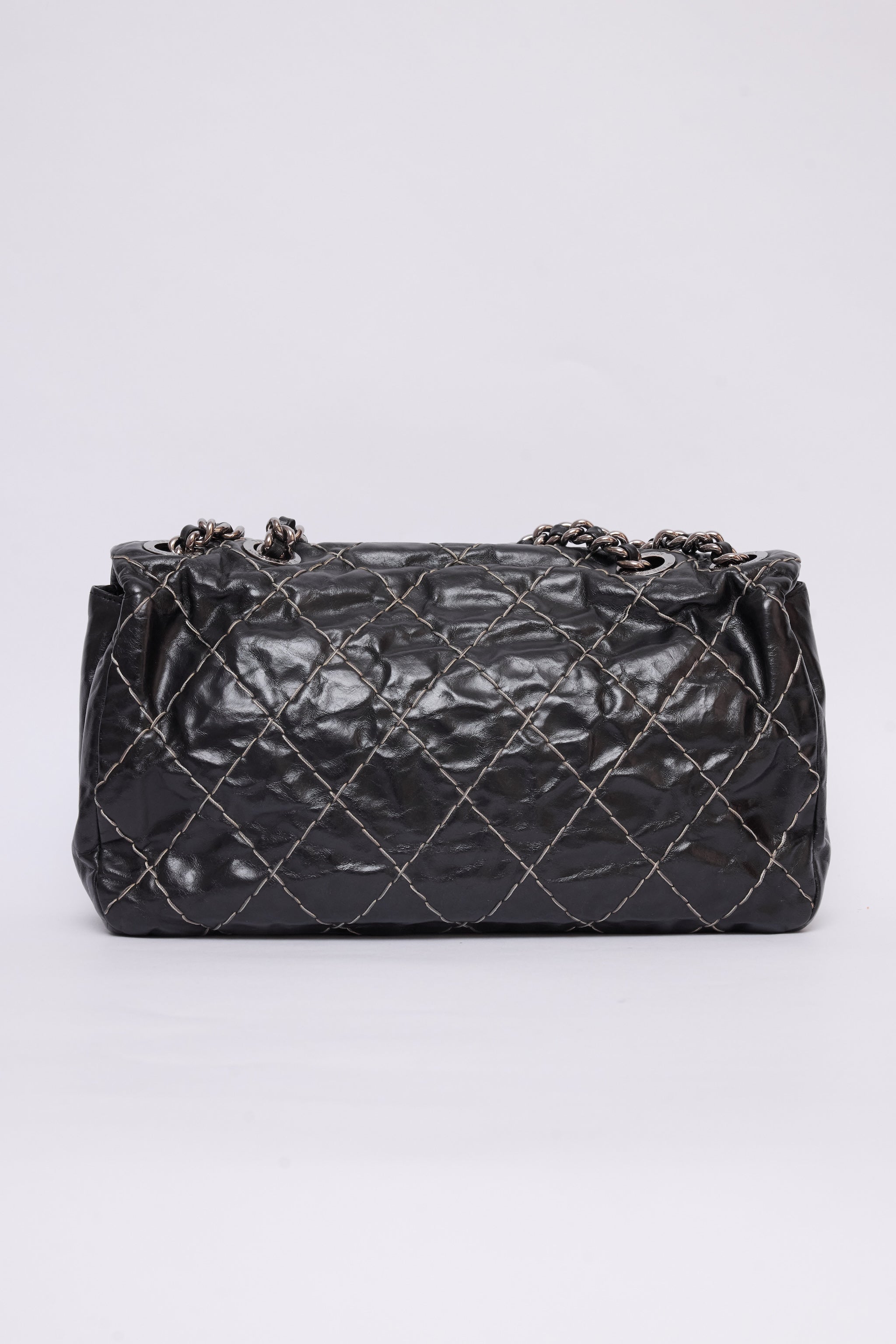 CHANEL BLACK GLAZED DOUBLE STITCH FLAP