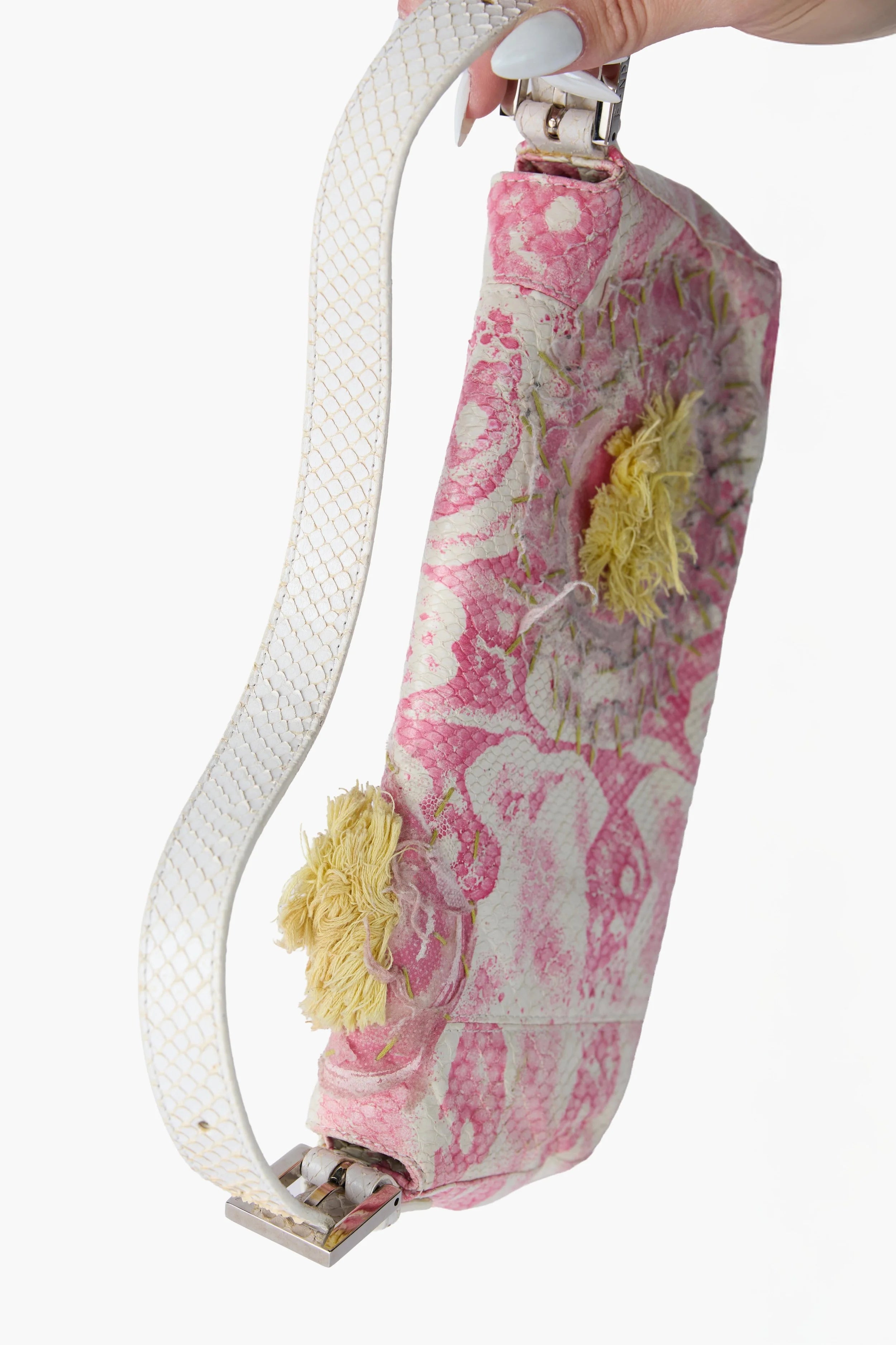 FENDI PINK & WHITE PYTHON FLORAL BAGUETTE