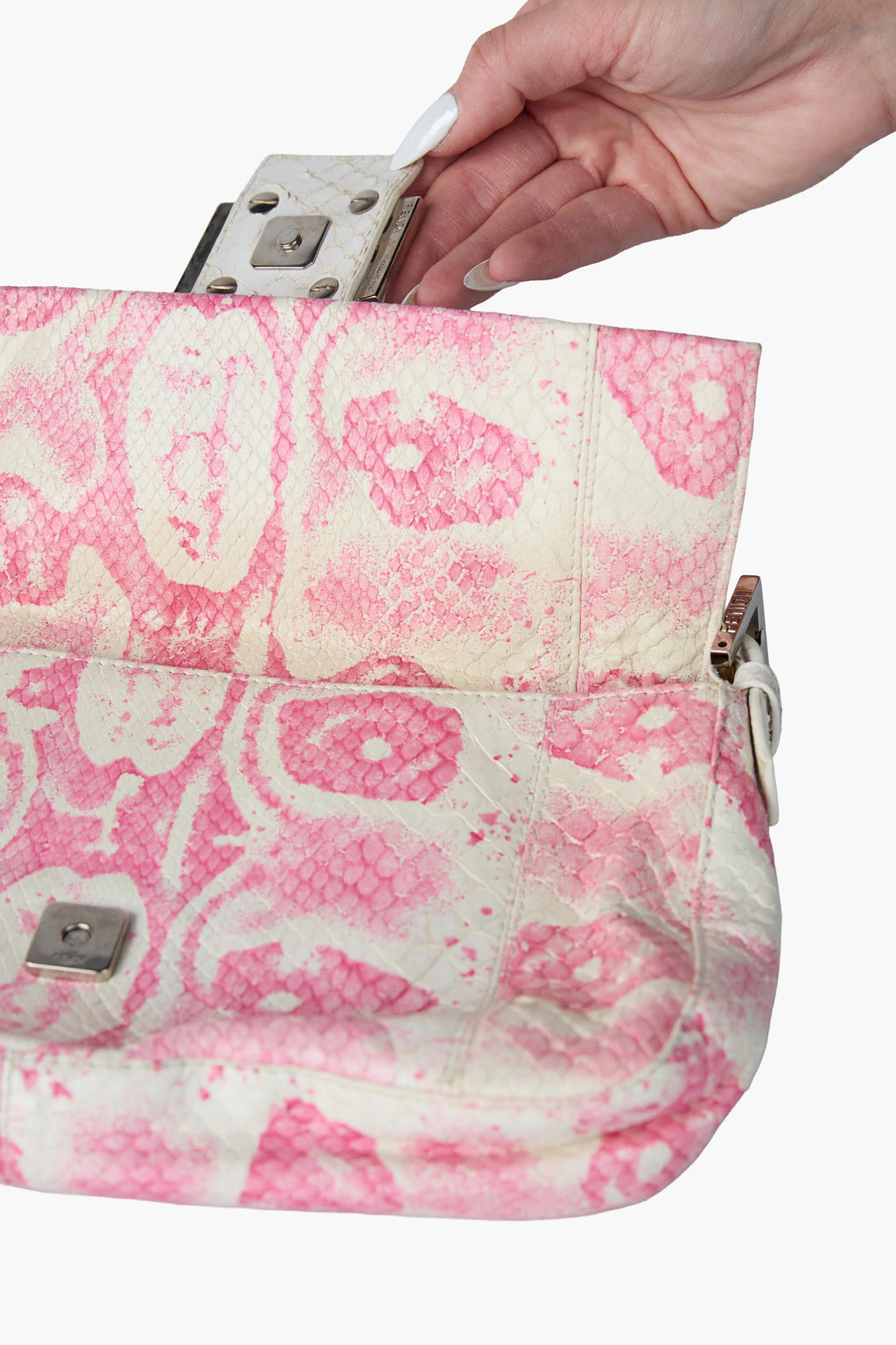 FENDI PINK & WHITE PYTHON FLORAL BAGUETTE