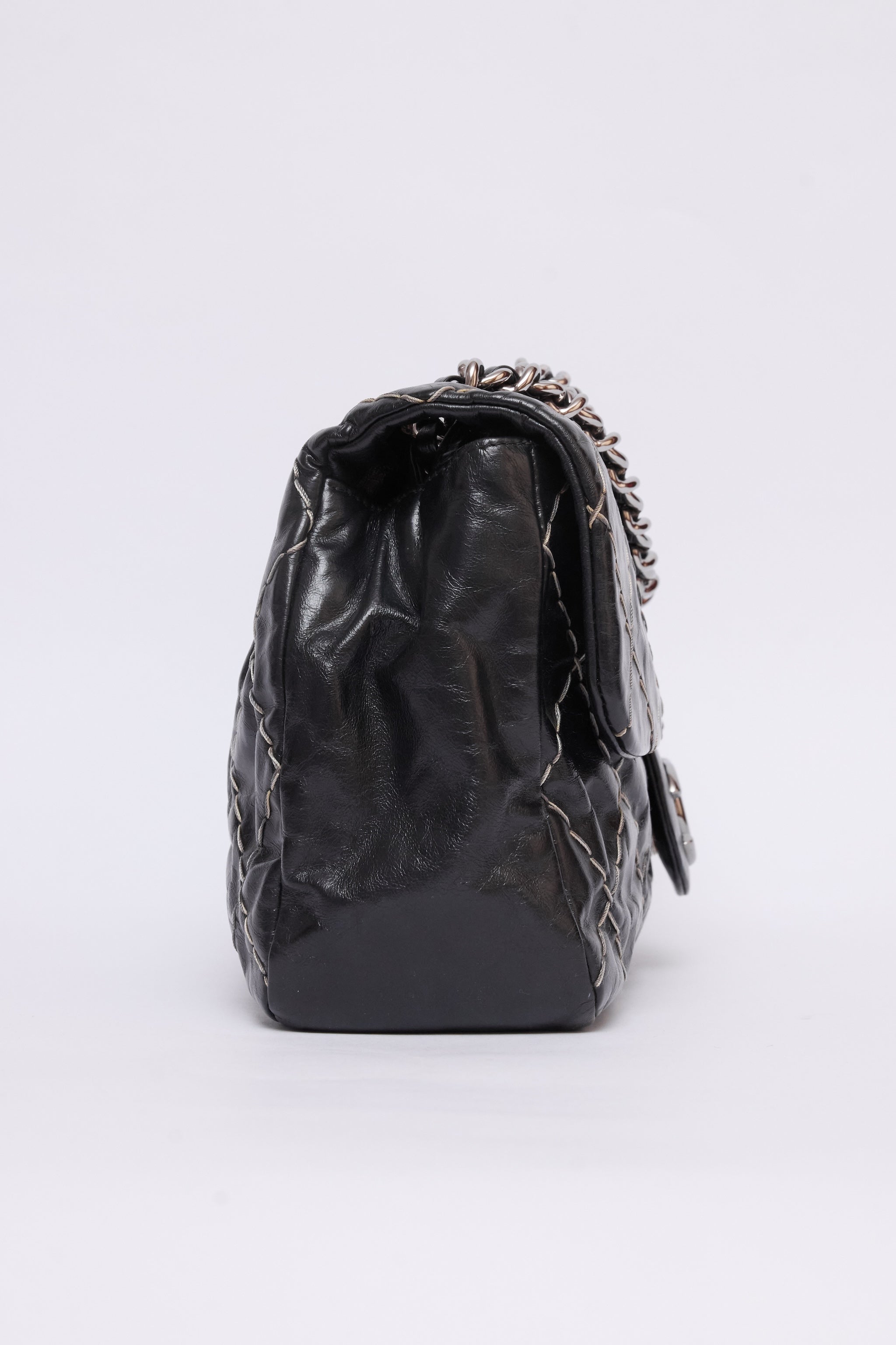 CHANEL BLACK GLAZED DOUBLE STITCH FLAP