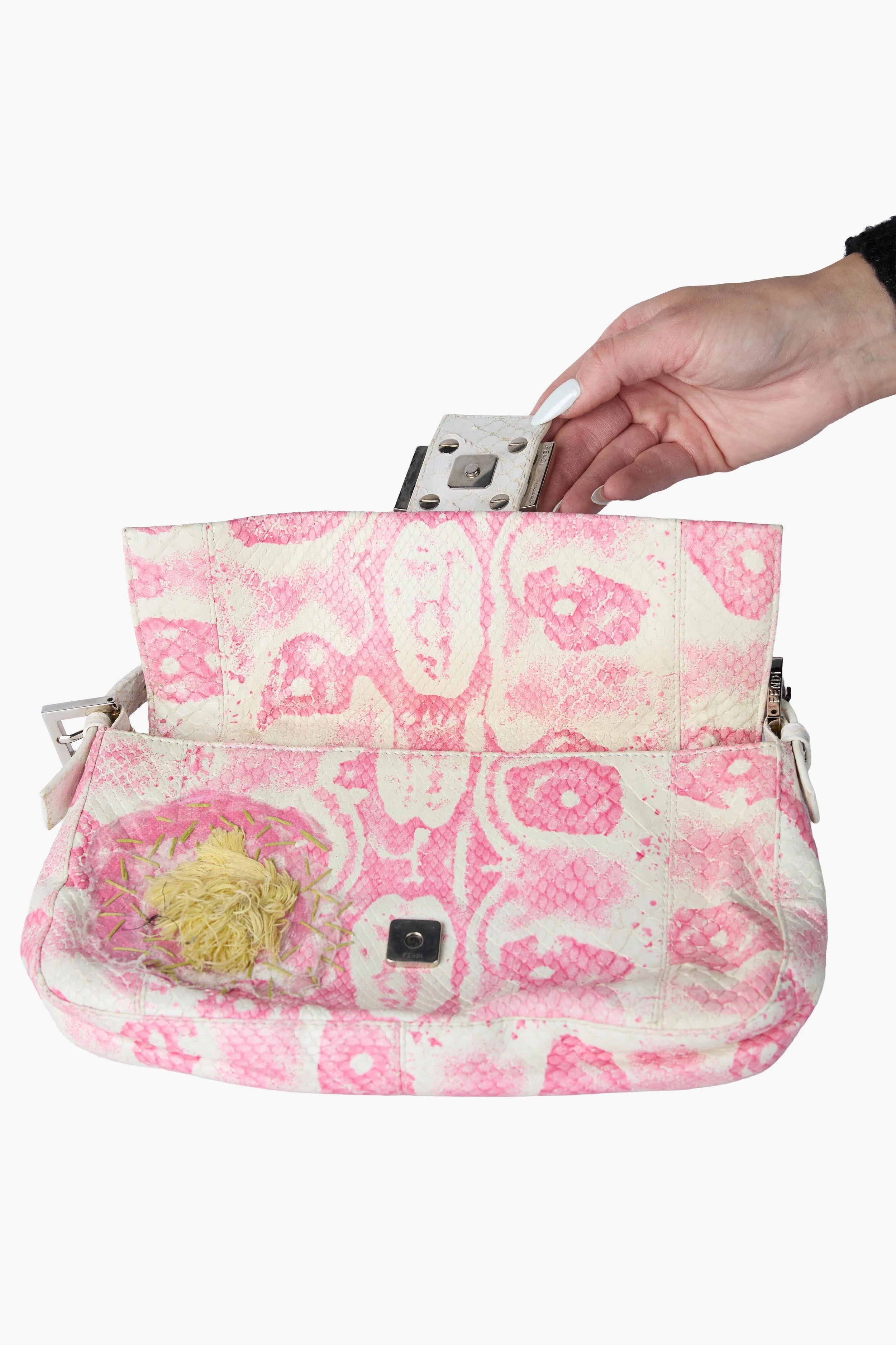 FENDI PINK & WHITE PYTHON FLORAL BAGUETTE