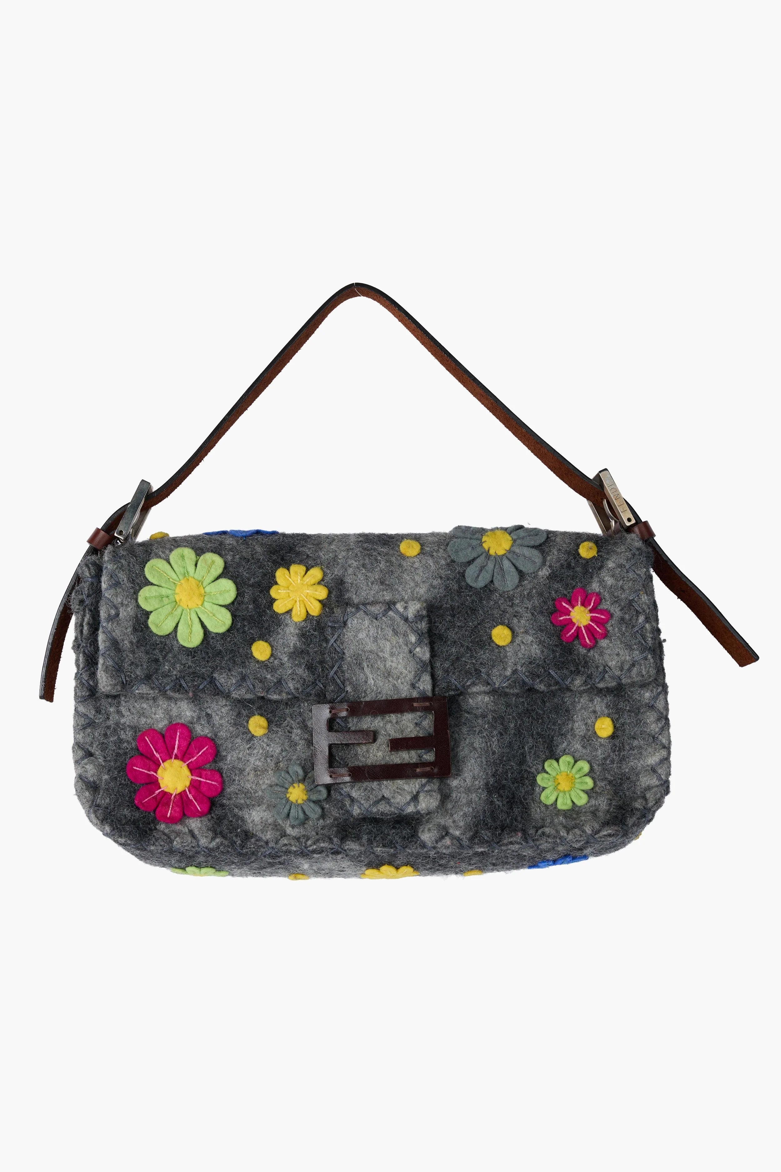 Fendi Grey Wool Felt Floral Appliqué Baguette