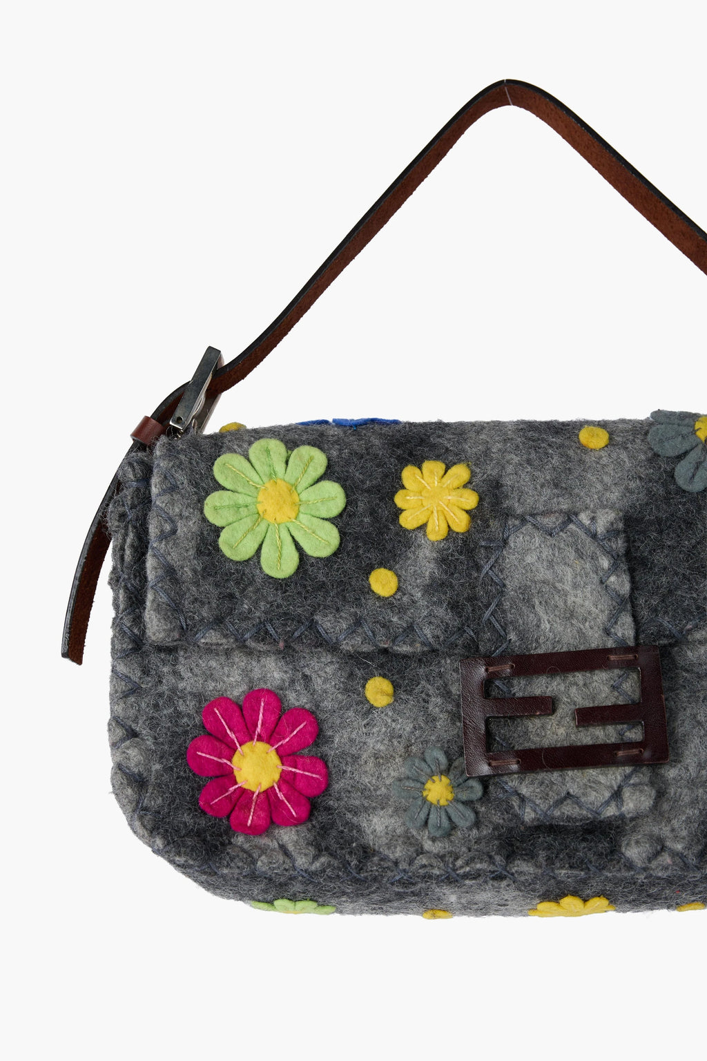 Fendi Grey Wool Felt Floral Appliqué Baguette