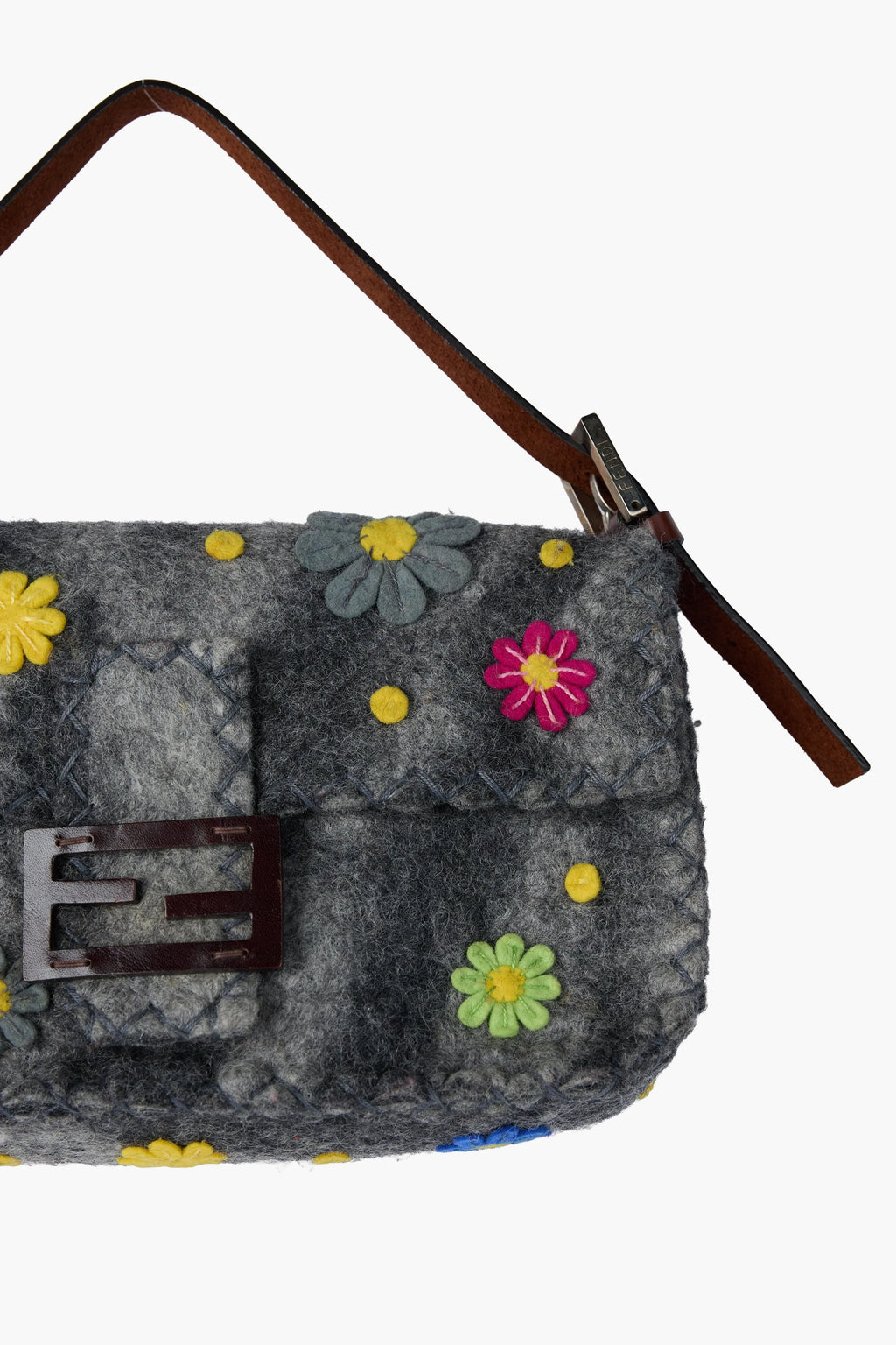 Fendi Grey Wool Felt Floral Appliqué Baguette