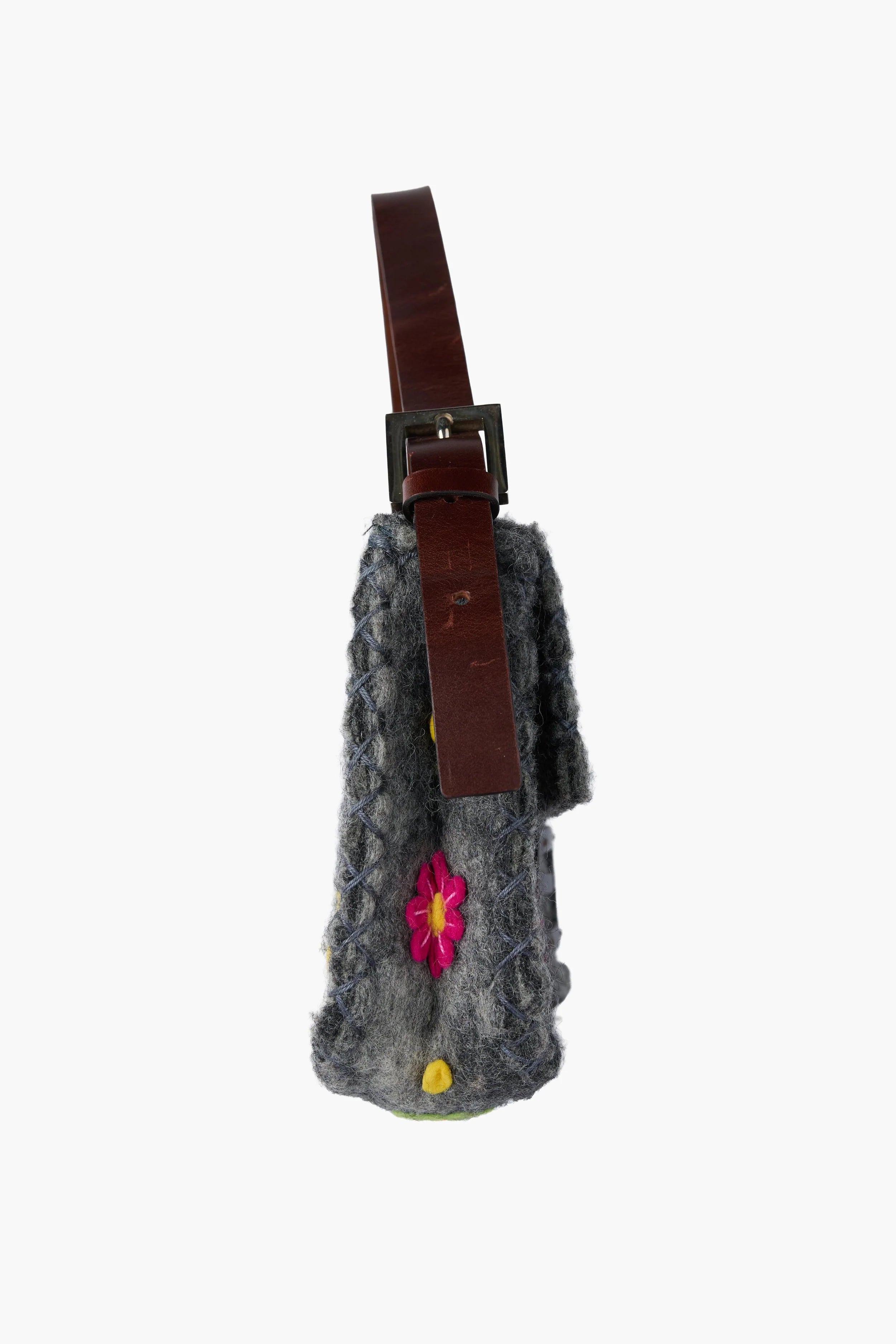 Fendi Grey Wool Felt Floral Appliqué Baguette