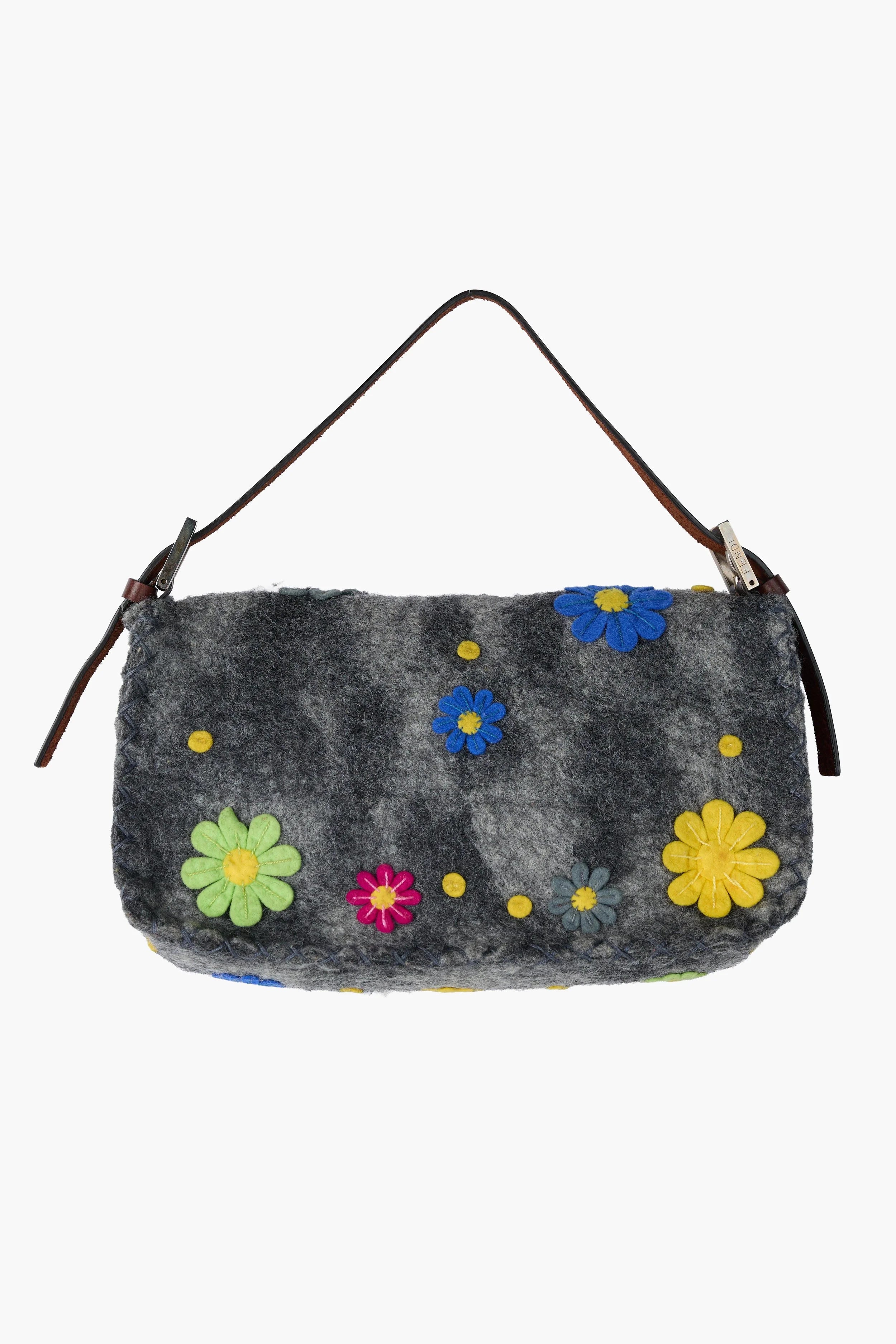 Fendi Grey Wool Felt Floral Appliqué Baguette