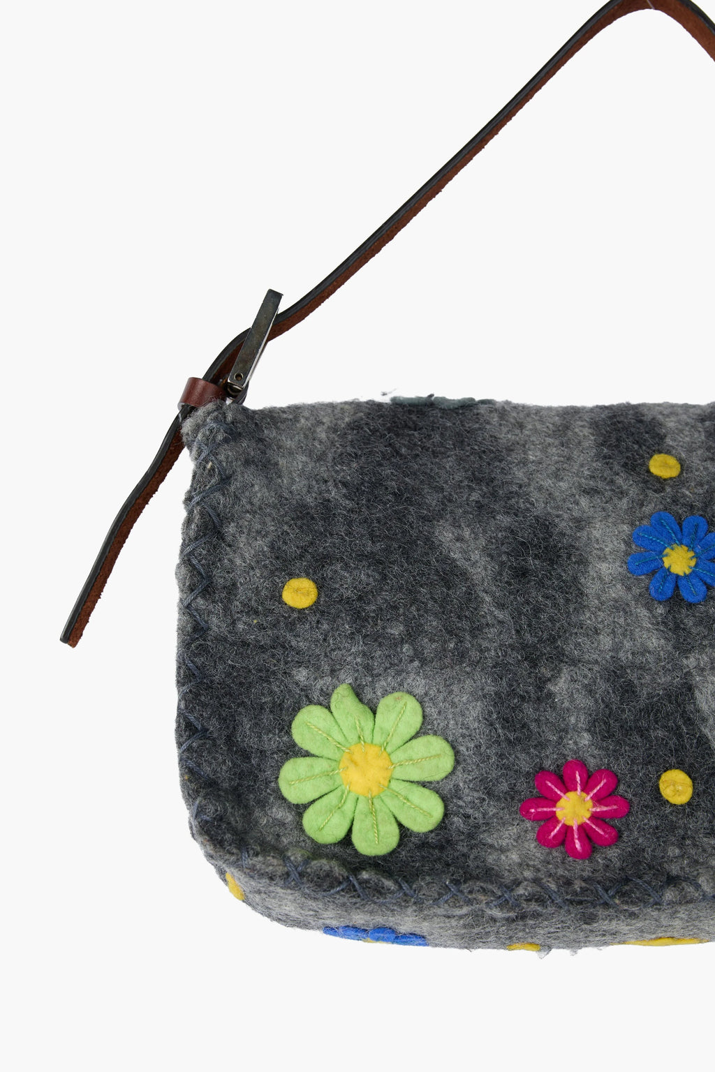 Fendi Grey Wool Felt Floral Appliqué Baguette