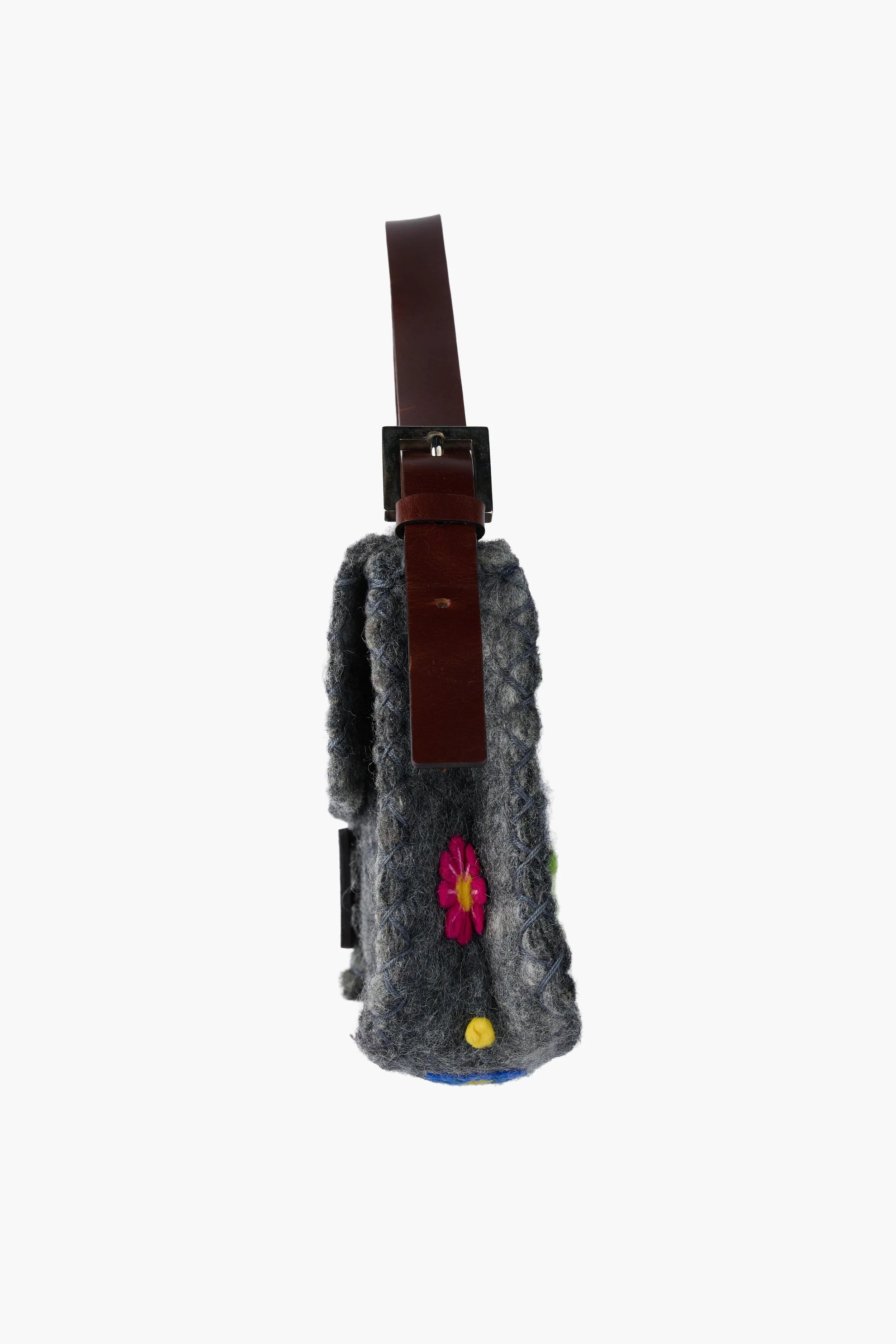 Fendi Grey Wool Felt Floral Appliqué Baguette