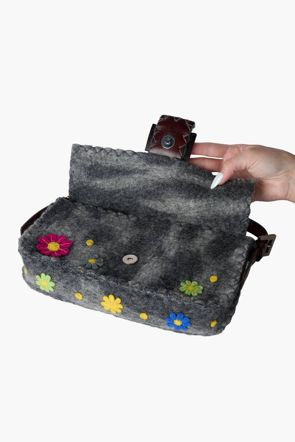 Fendi Grey Wool Felt Floral Appliqué Baguette