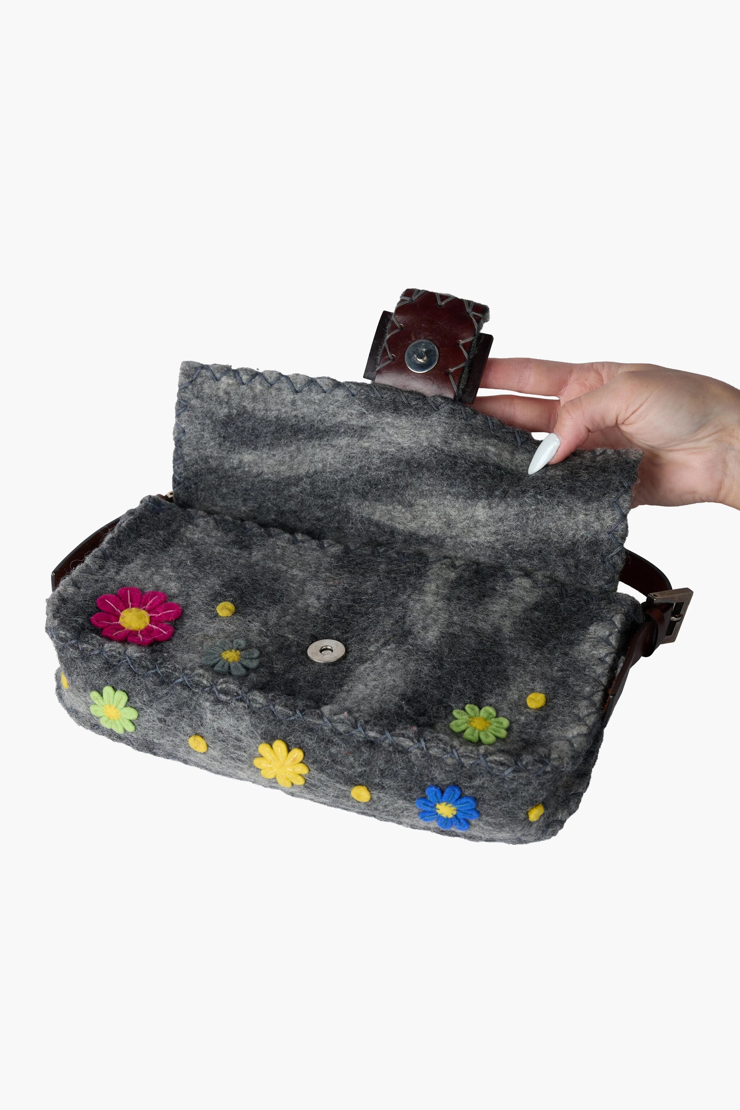 Fendi Grey Wool Felt Floral Appliqué Baguette