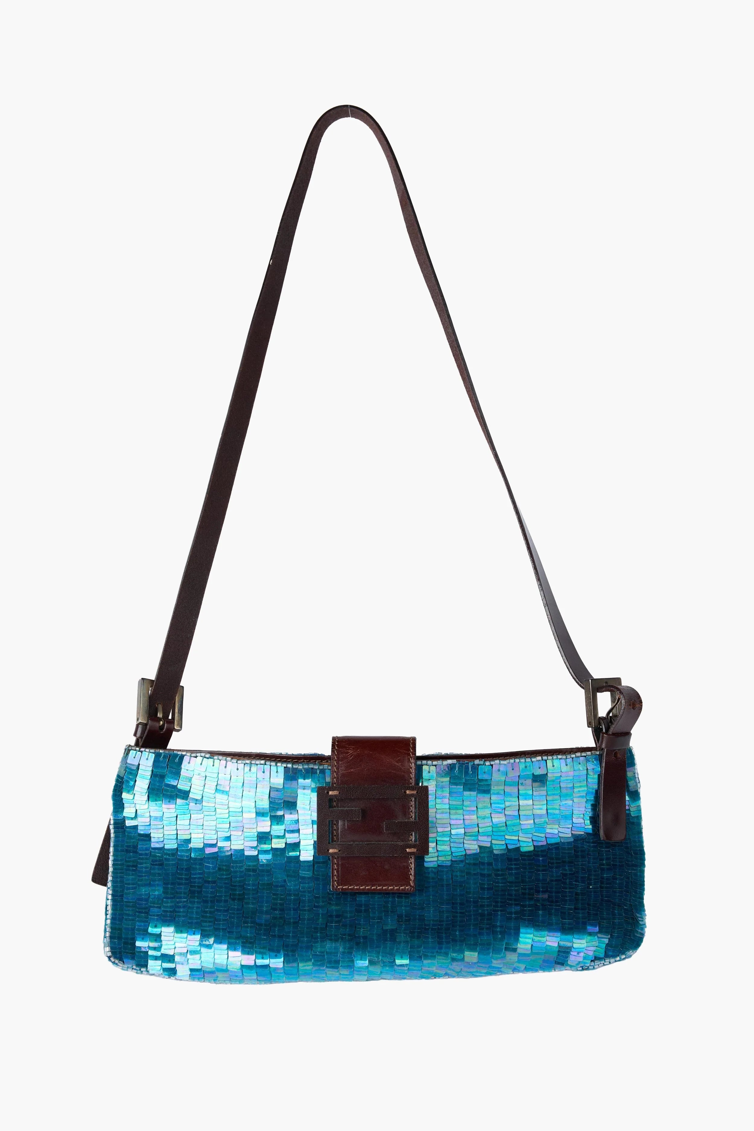 Rare Fendi Blue Sequin Beaded Baguette Crossbody