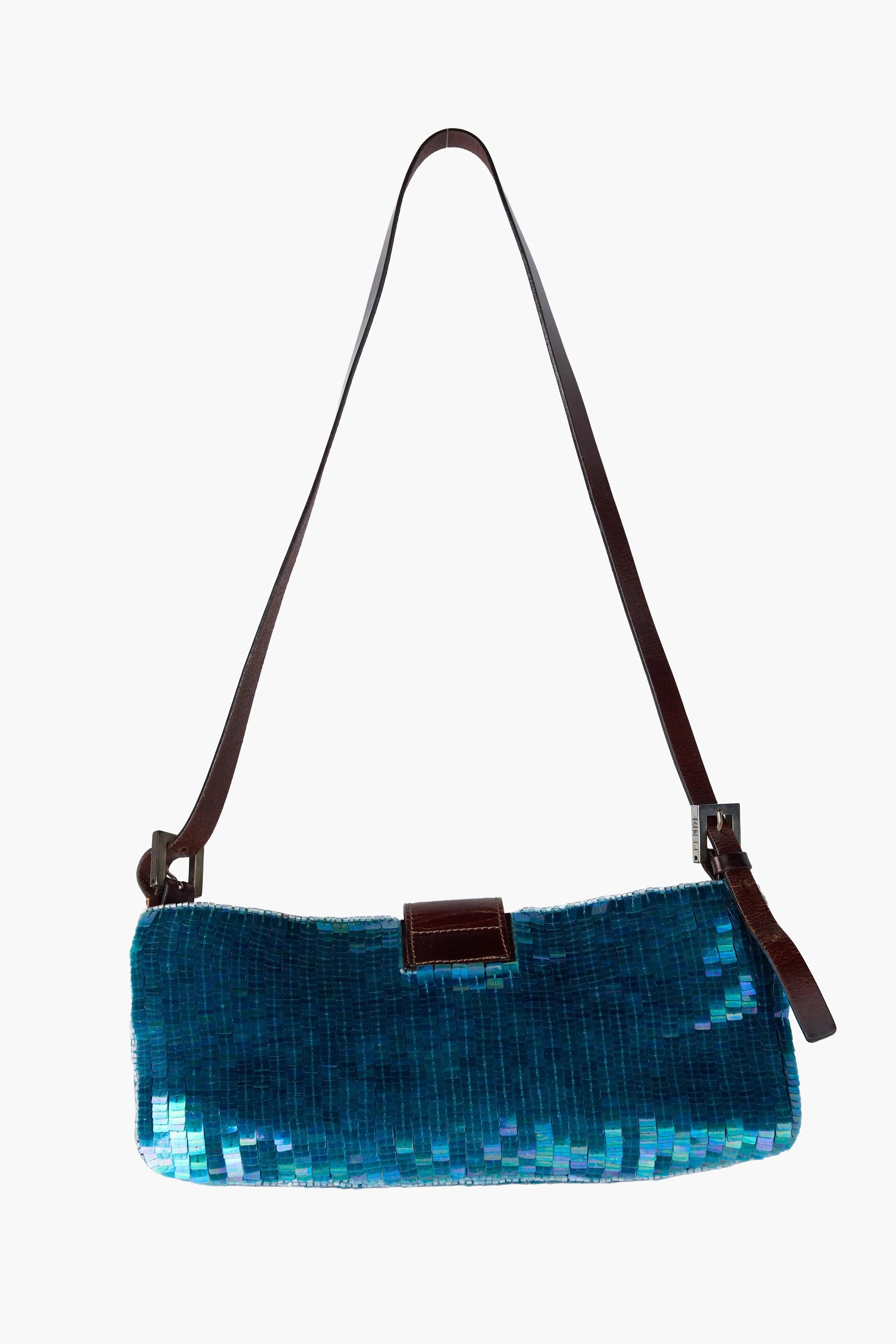 Rare Fendi Blue Sequin Beaded Baguette Crossbody
