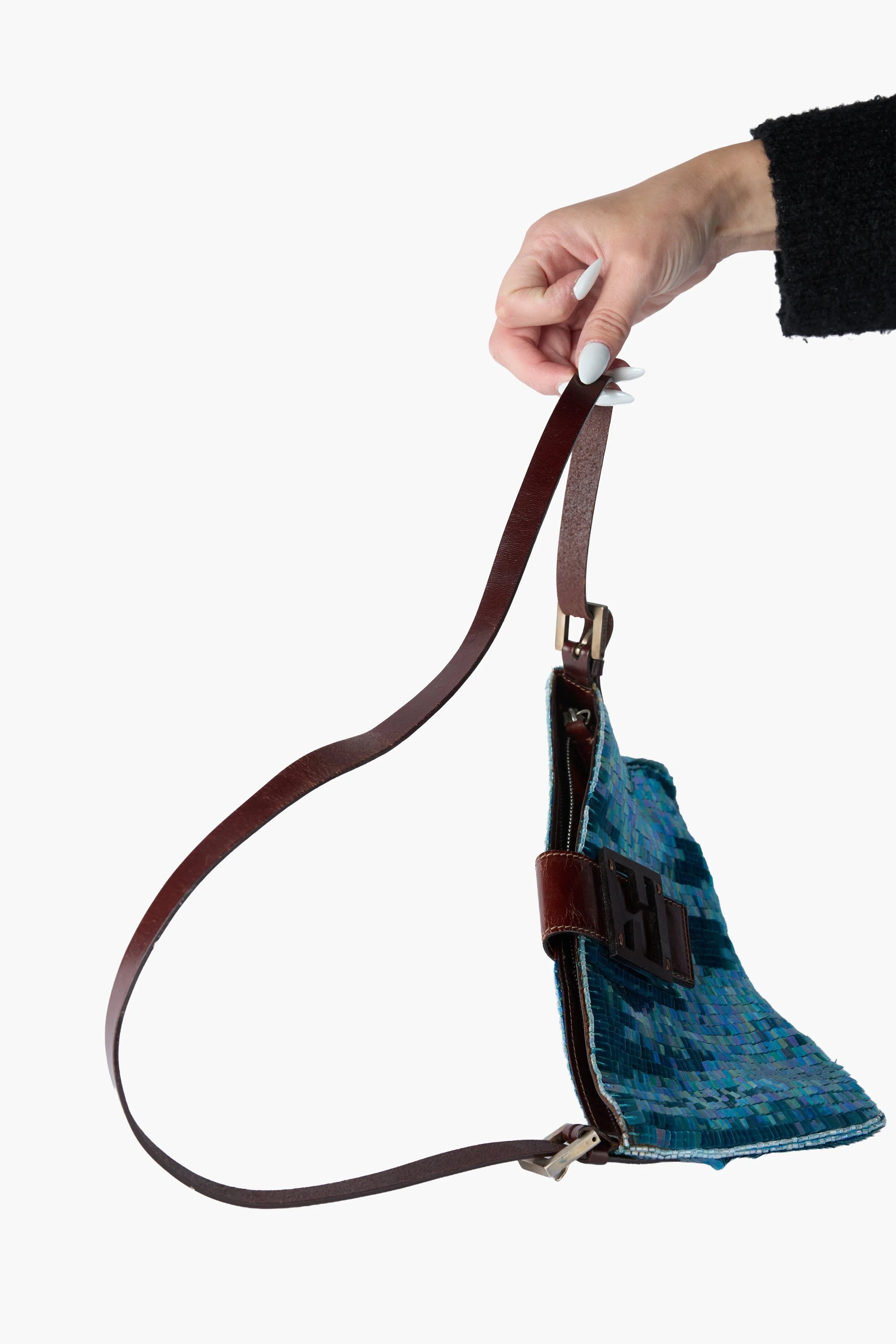 Rare Fendi Blue Sequin Beaded Baguette Crossbody