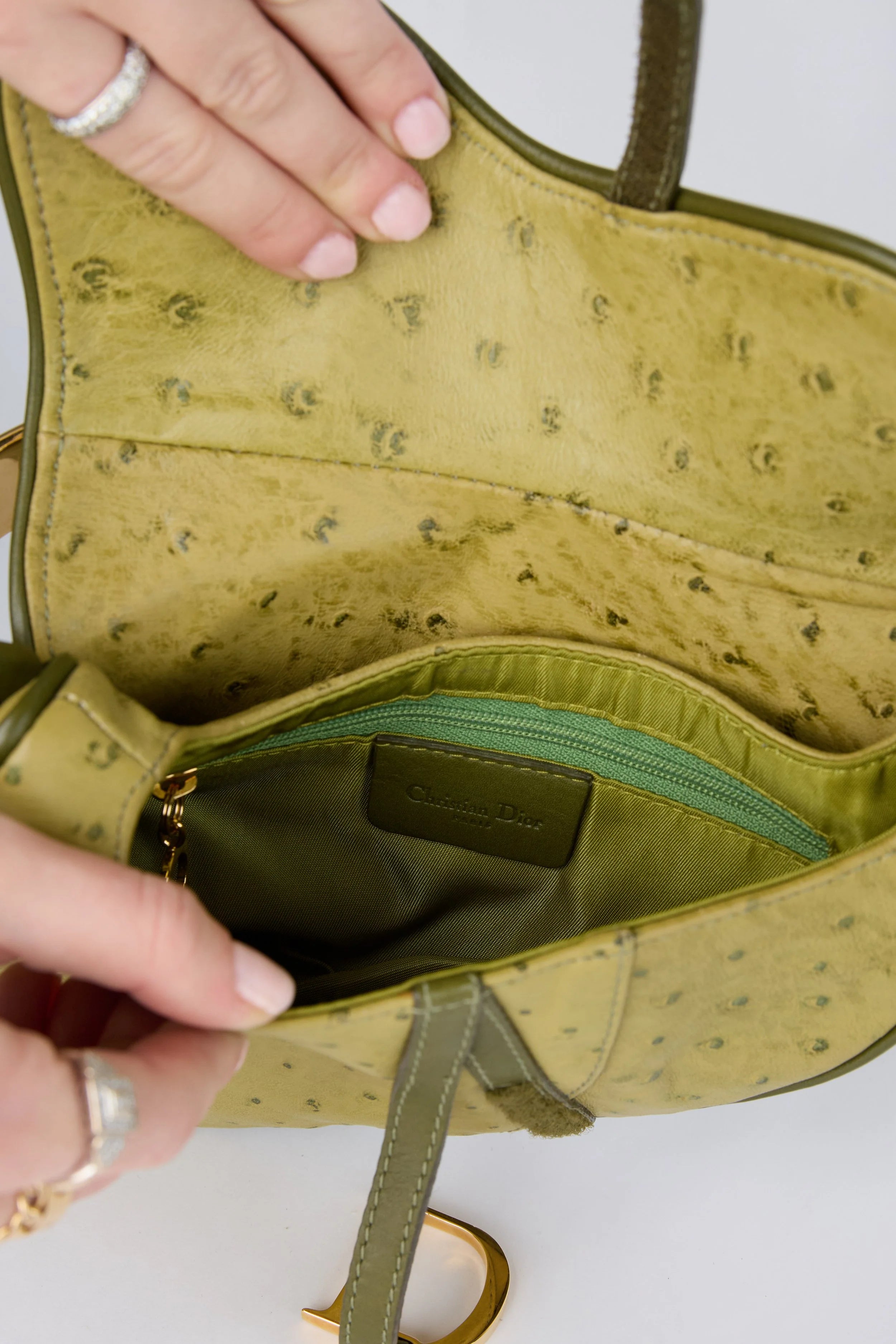 RARE DIOR GREEN OSTRICH SMALL SADDLE