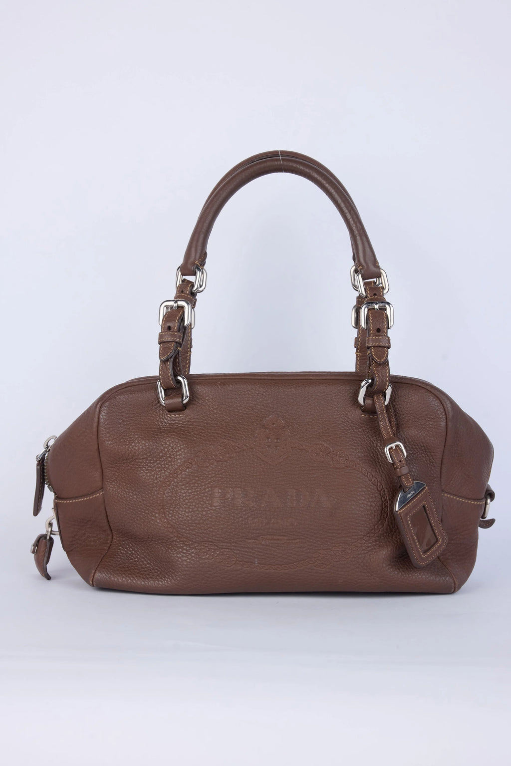 PRADA BROWN LEATHER VITELLO DAINO LOGO BOWLER BAG