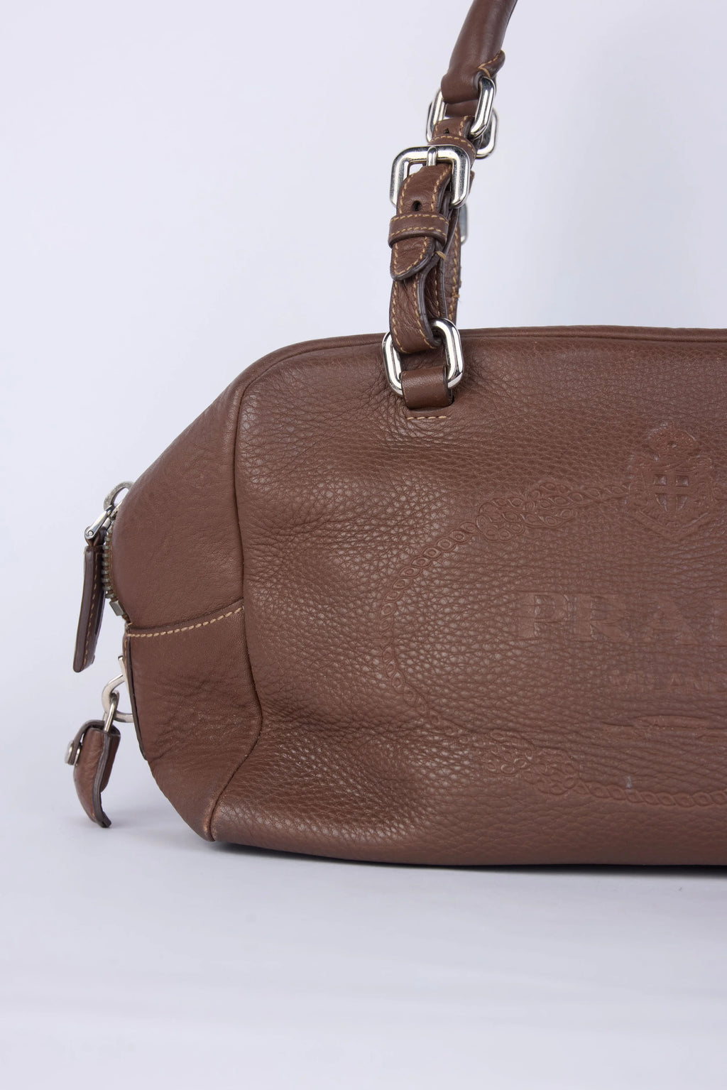PRADA BROWN LEATHER VITELLO DAINO LOGO BOWLER BAG