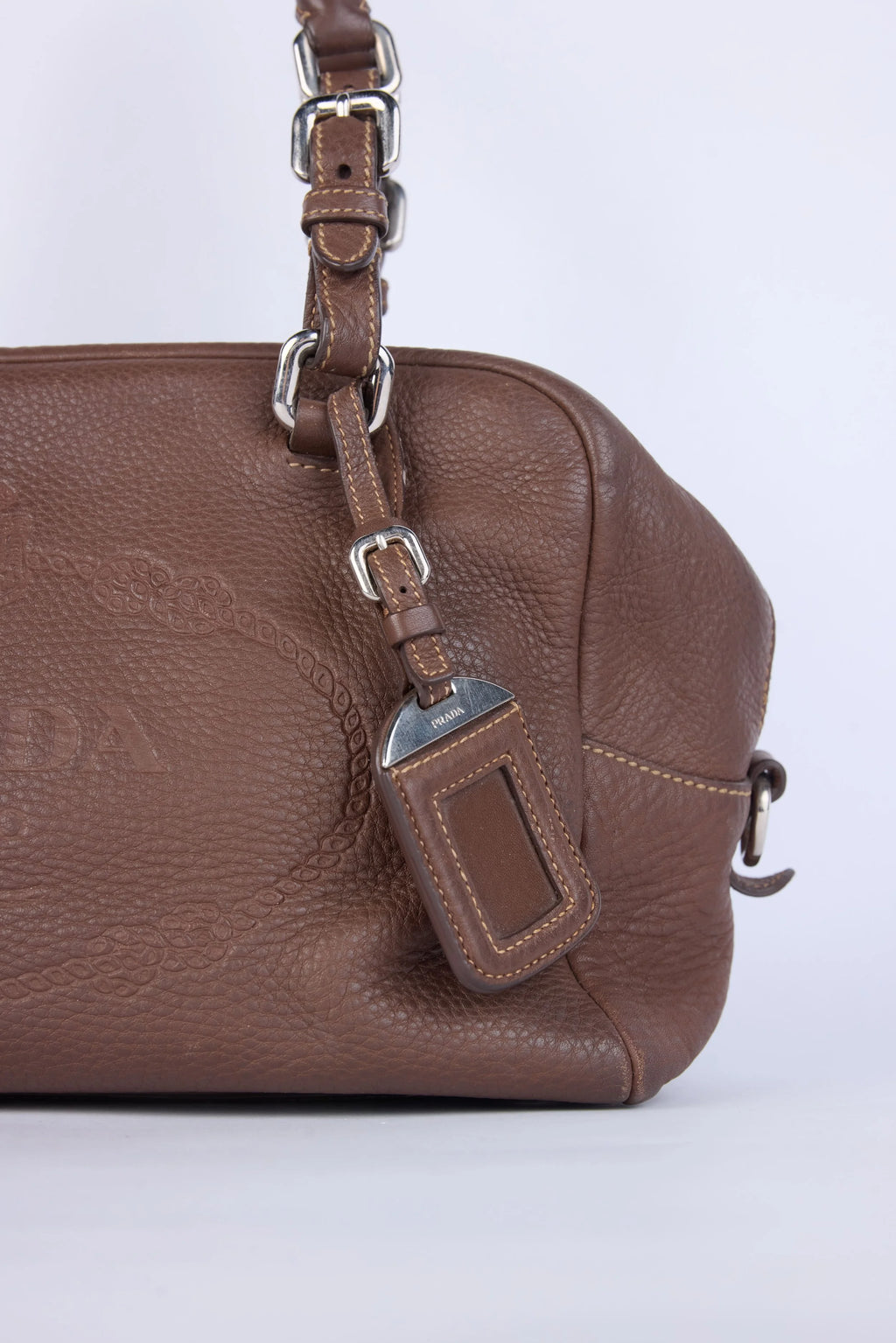 PRADA BROWN LEATHER VITELLO DAINO LOGO BOWLER BAG