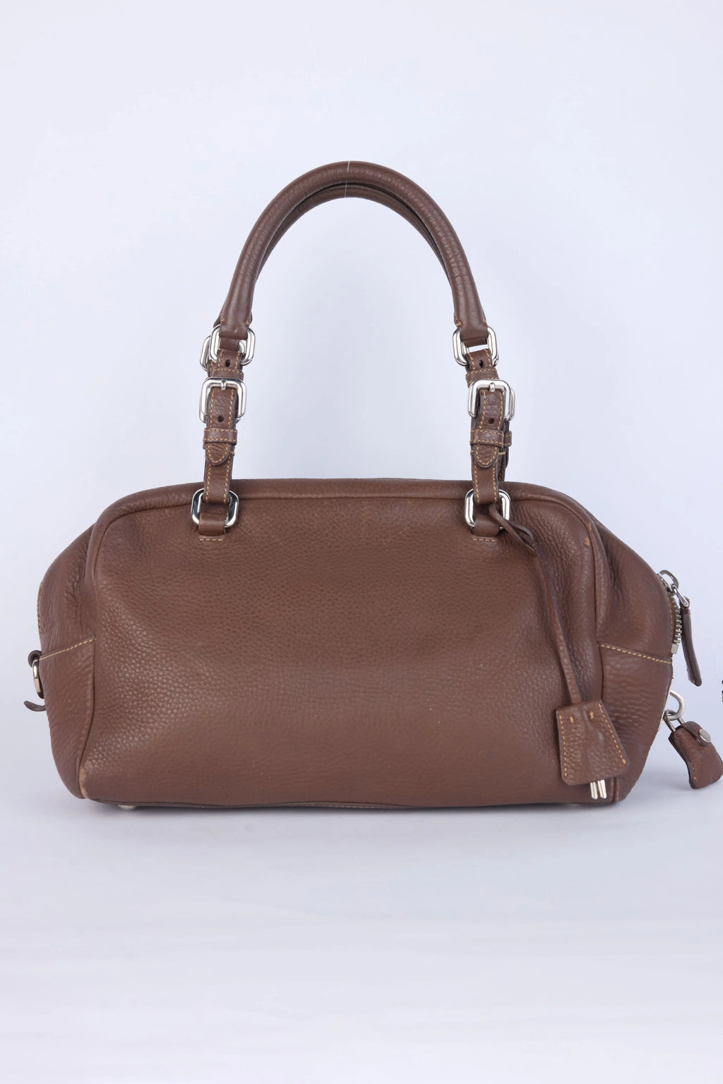 PRADA BROWN LEATHER VITELLO DAINO LOGO BOWLER BAG