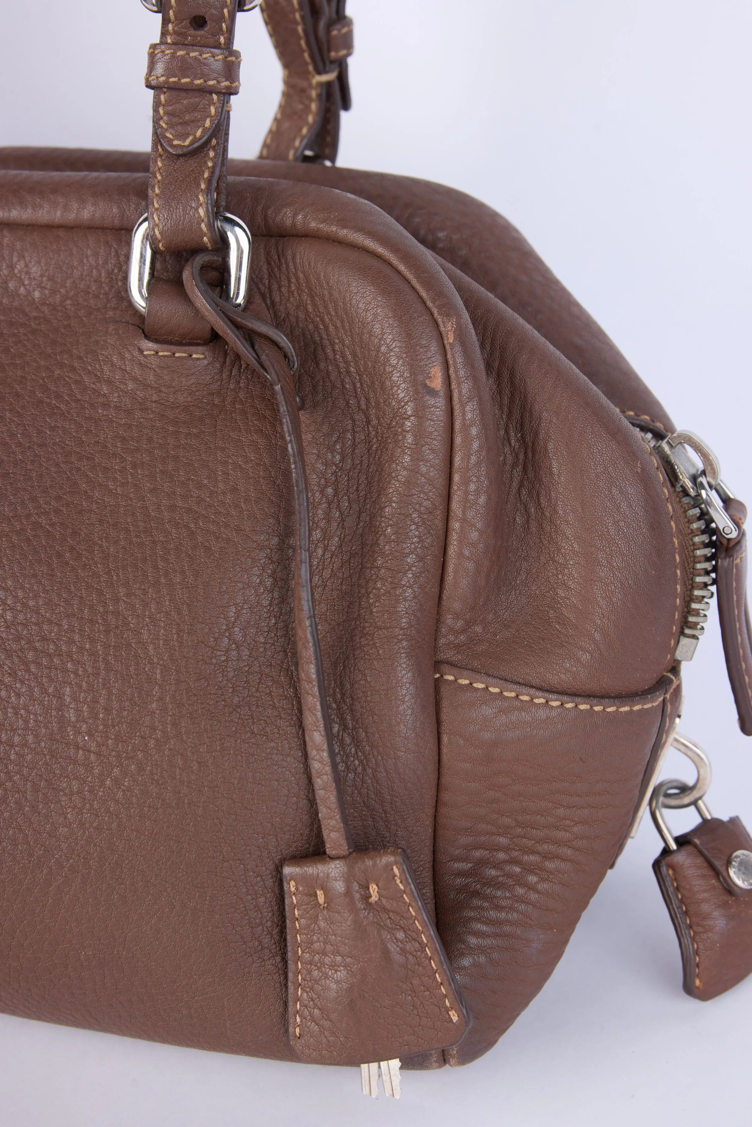 PRADA BROWN LEATHER VITELLO DAINO LOGO BOWLER BAG
