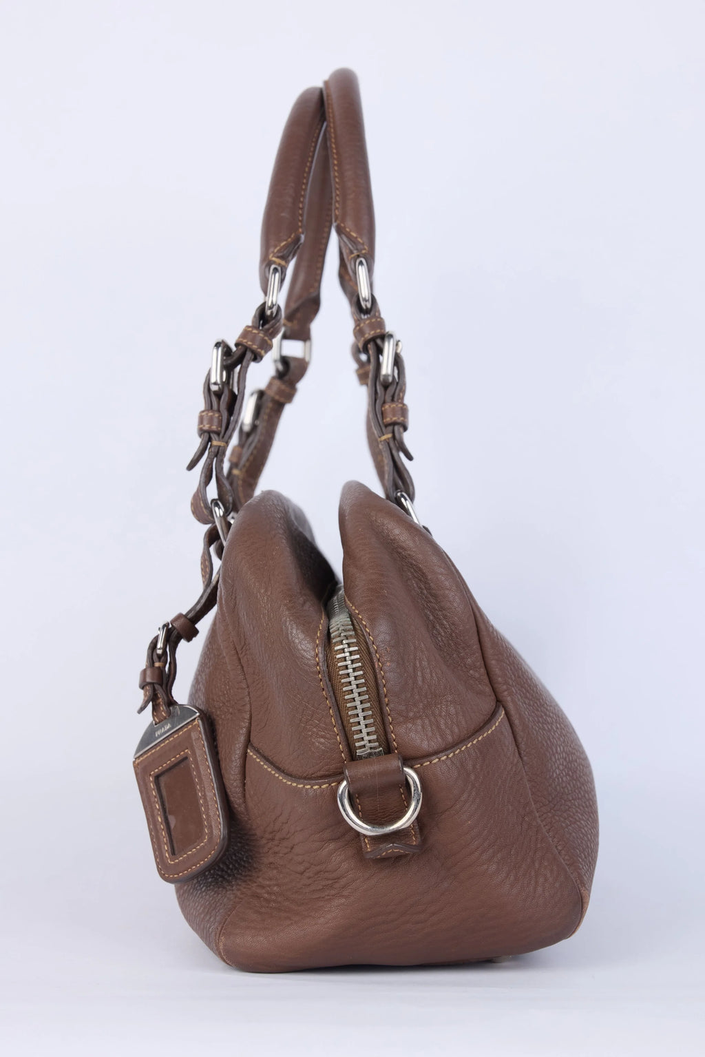 PRADA BROWN LEATHER VITELLO DAINO LOGO BOWLER BAG