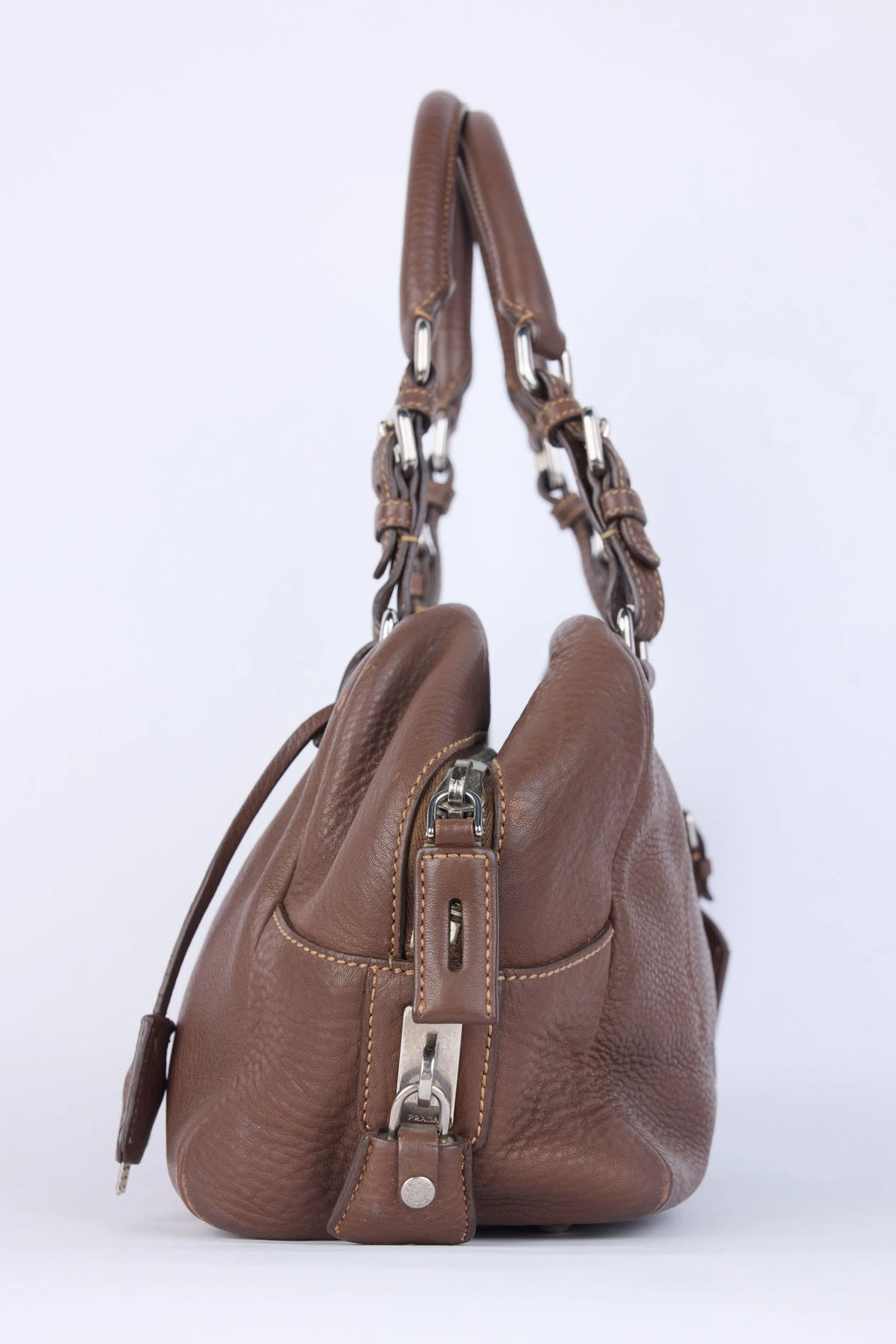 PRADA BROWN LEATHER VITELLO DAINO LOGO BOWLER BAG