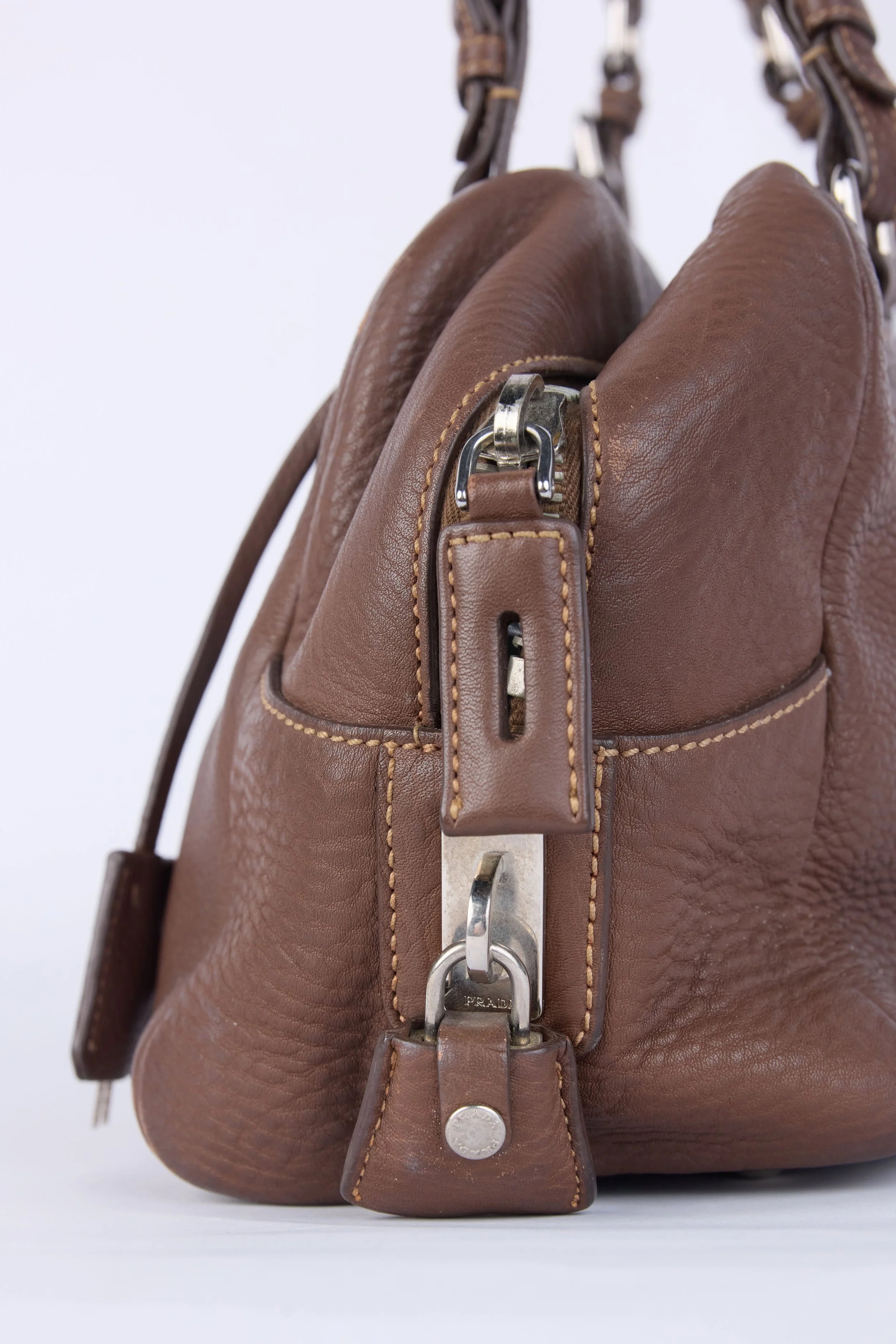 PRADA BROWN LEATHER VITELLO DAINO LOGO BOWLER BAG