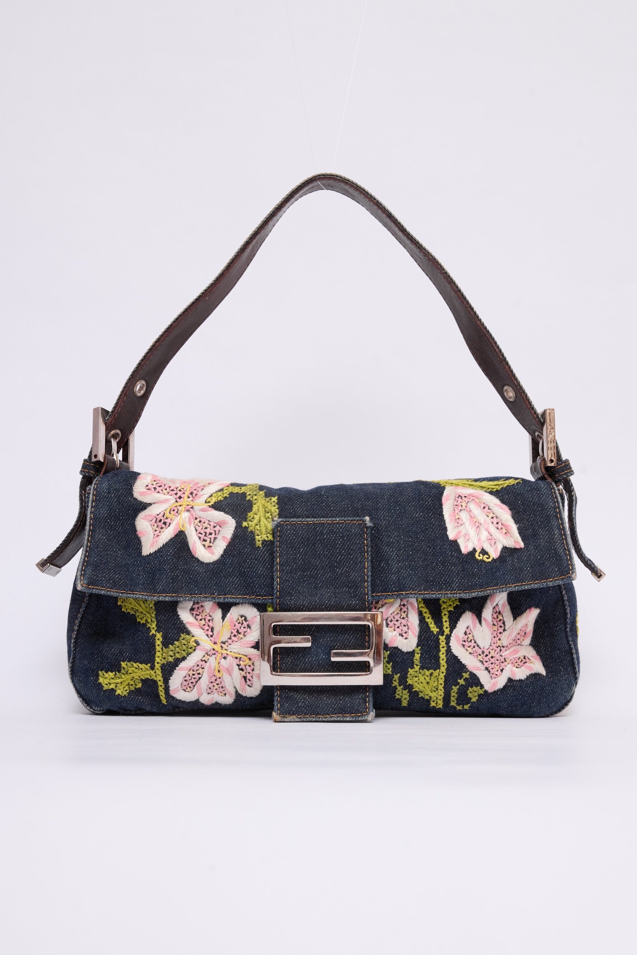 FENDI DENIM FLORAL BAGUETTE